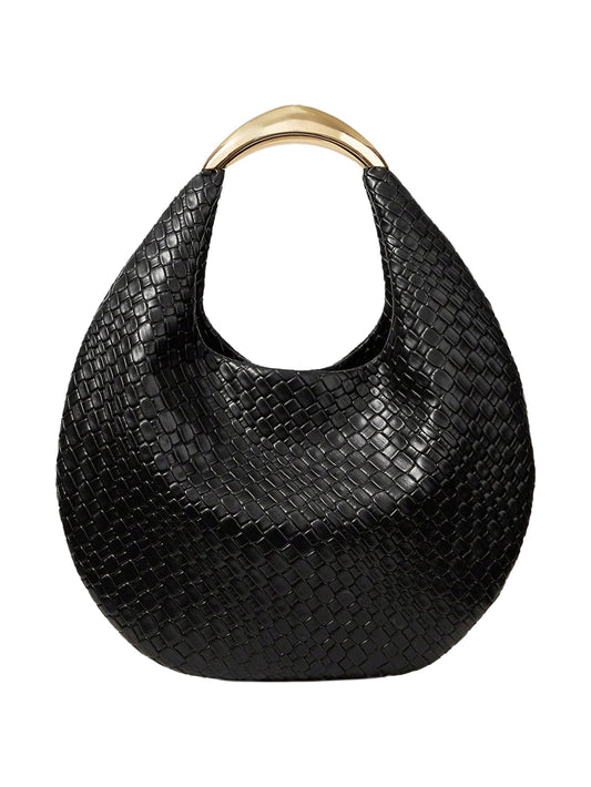 QWINEE Women's Woven Handbag Elegant Clutch Purse Metal Top Handle Cresent Evening Bag Retro PU Leather Clutch Purse Black One Size