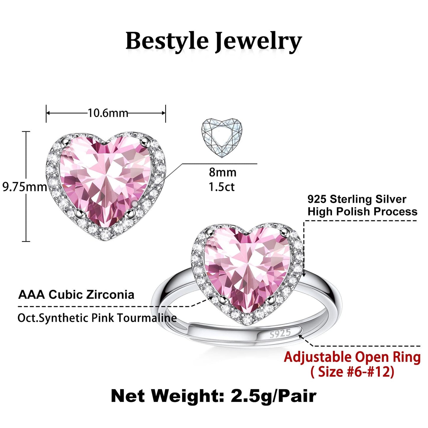 Bestyle Infinity Love Heart October Pink Tourmaline Gemstone Rings with Sparkling CUbic Zirconia, Brilliant Love Heart Diamond Halo Rings Statement Jewelry for Women