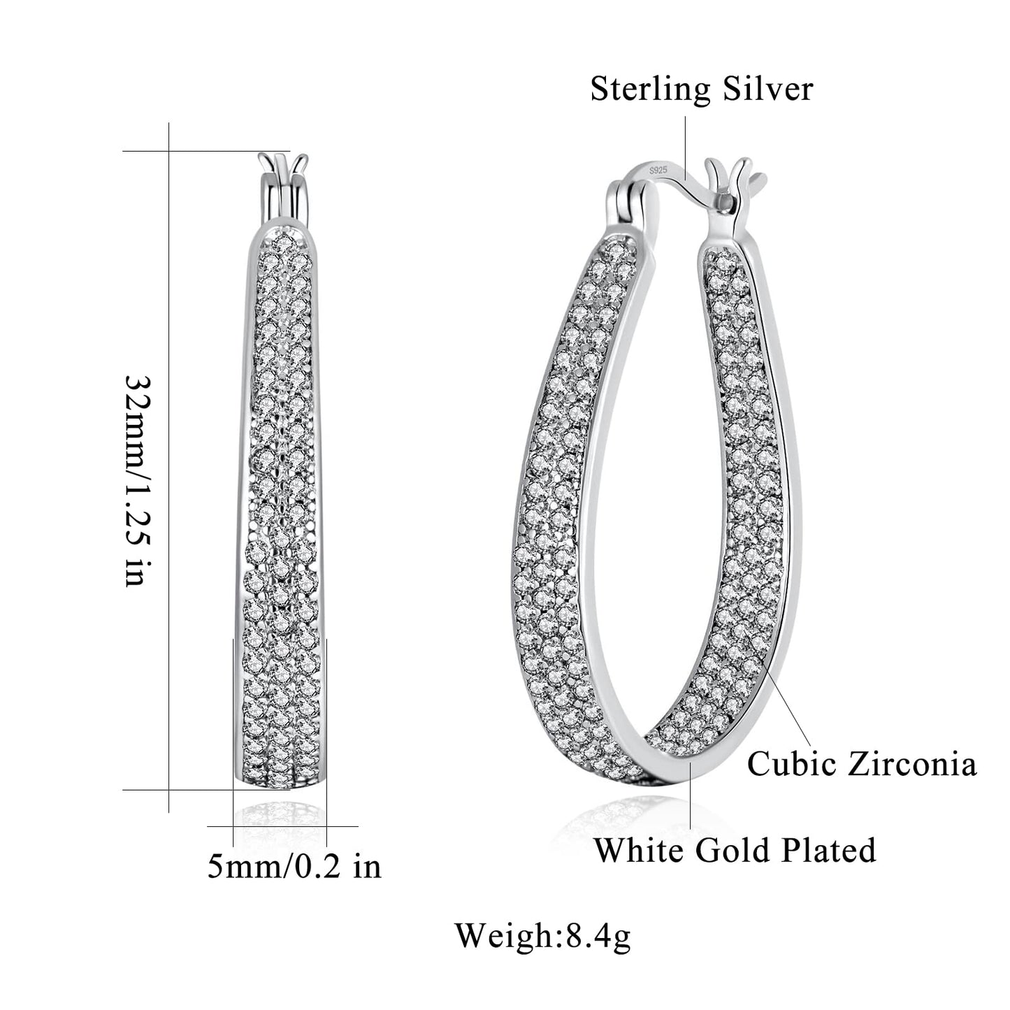 CiNily 925 Sterling Silver Post Big White Cubic Zirconia Hoop Earrings for Women Large Oval Chunky Hoop Earrings 14K White Gold Plated Gemstone Earrings