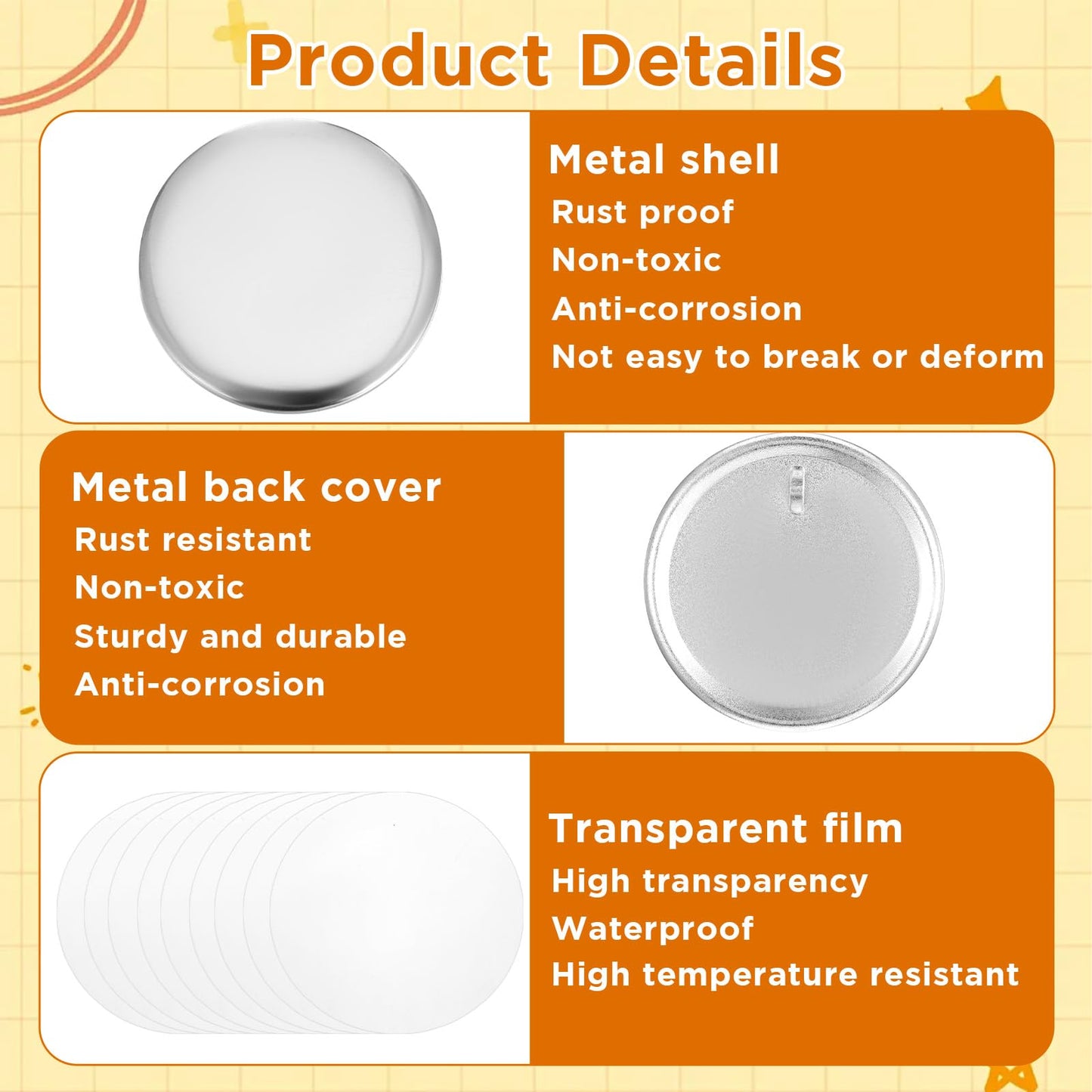 100 Sets Button Maker Keychains Supplies 58mm/2.25 inch Button Making Supplies for Metal Buttons Keychain Maker Machine with Shell Back Cover Film Chain Head