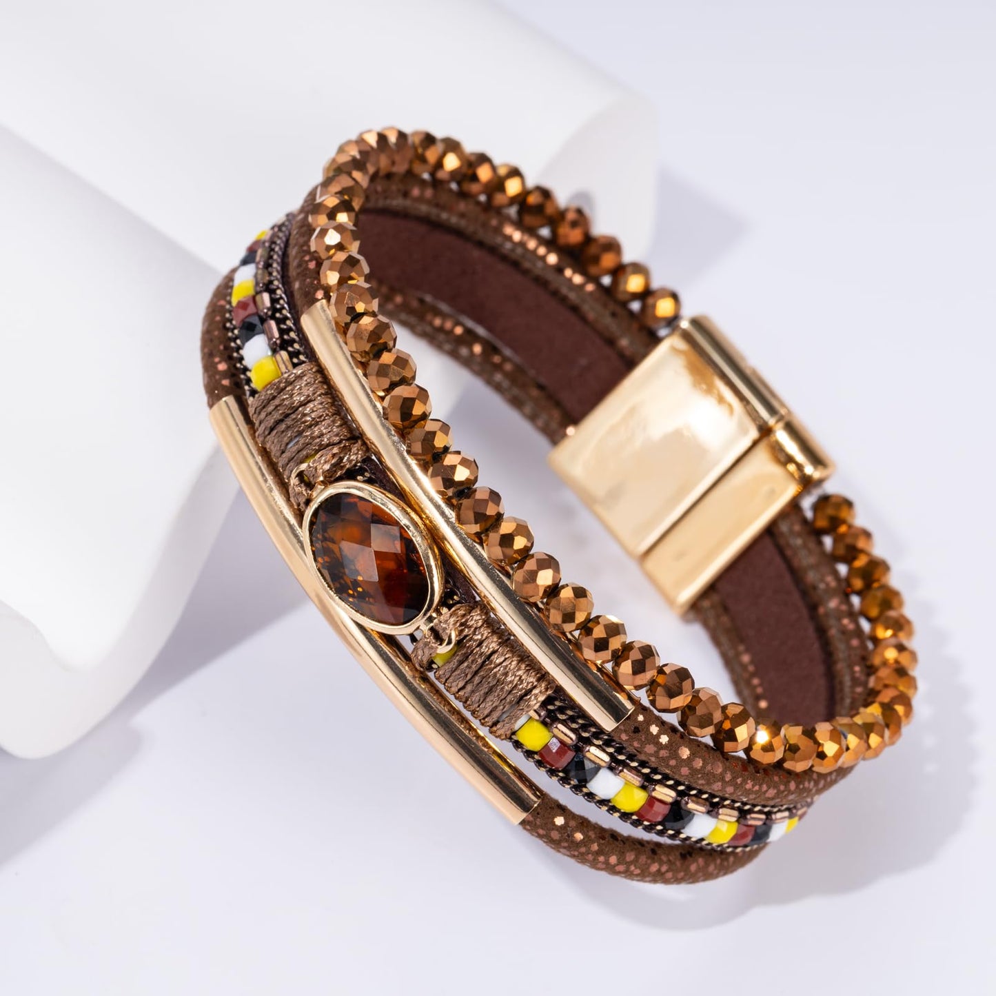Becklynn Boho Leather Wrap Bracelets Beaded Crystal Stackable Cuff Bracelet with Magnetic Clasp Cowboy Cowgirl County Concert Outfits Western Jewelry Gifts for Women(Crystal Brown)