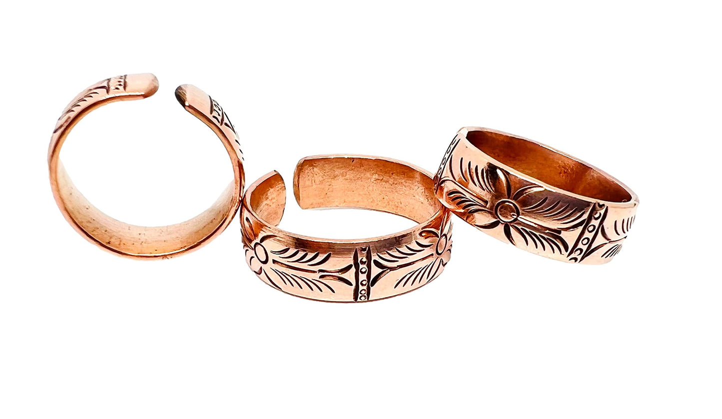 Set of 3 Hand Forged Pure Copper Rings. Made with 100% Pure Raw Untreated Copper. Tibetan Healing Medicine Ring Set. (Carved)