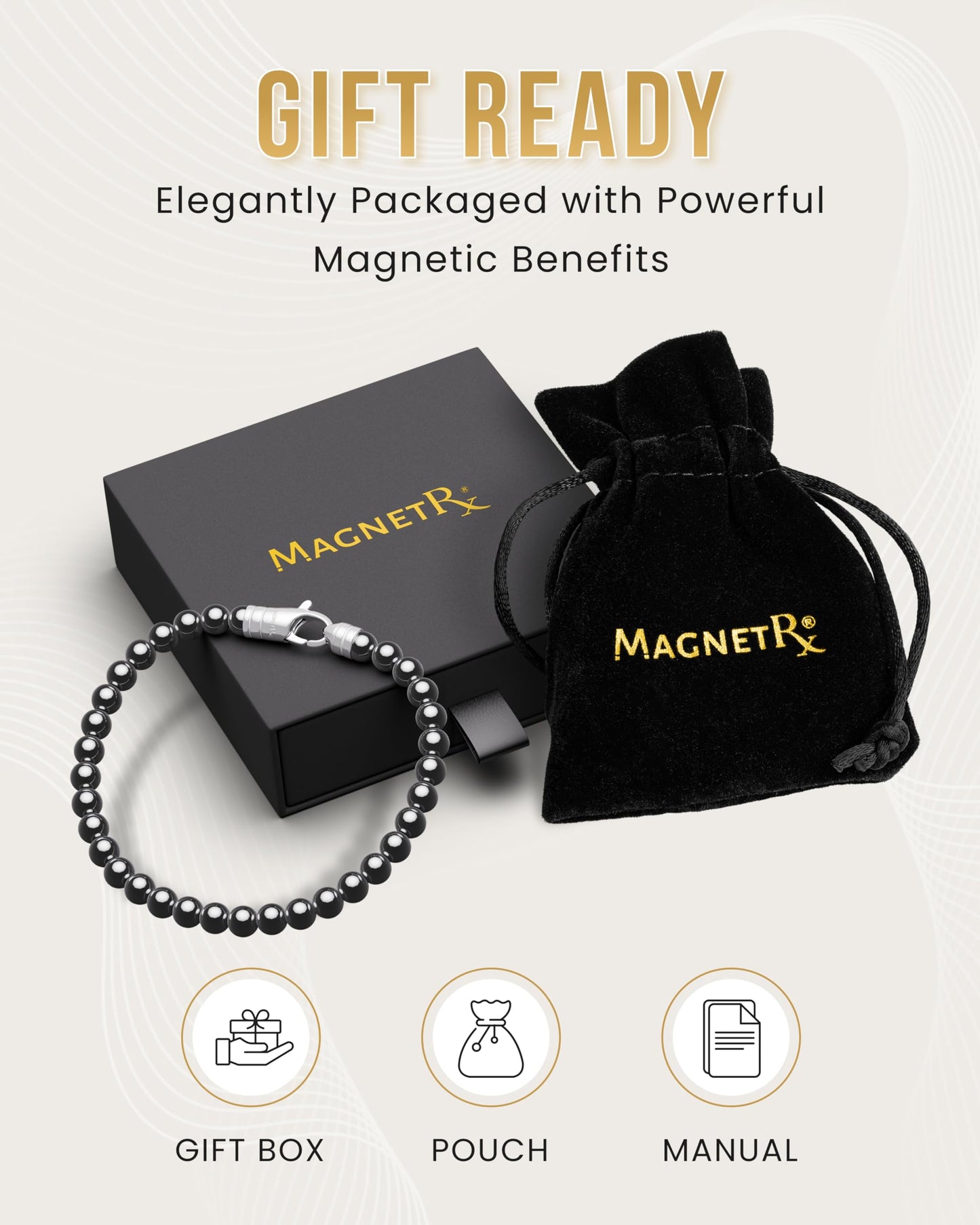 MagnetRX® Hematite Magnetic Bracelet – Max Strength Magnet Stones – Elegant Beaded Hematite Bracelets for Men and Women (Classic | Large)