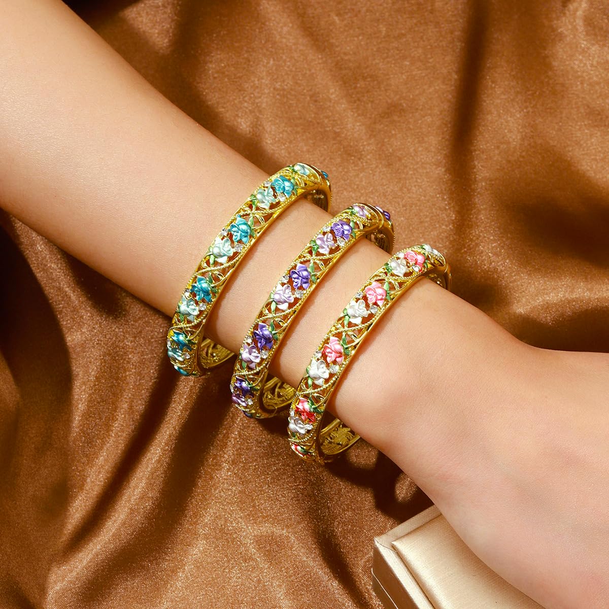 FIVESWEET Trendy 18K Gold Plated Bangle Bracelets Set for Women, Enamel Craft Jewelry-Floral Element , Retro Fashion Palace Style, Zinc Alloy with Rhinestones, 2.4Inch Diameter Fits Most Adults, Perfect Jewelry Gift Idea for Her, Girlfriend, Wife, Mom, Si