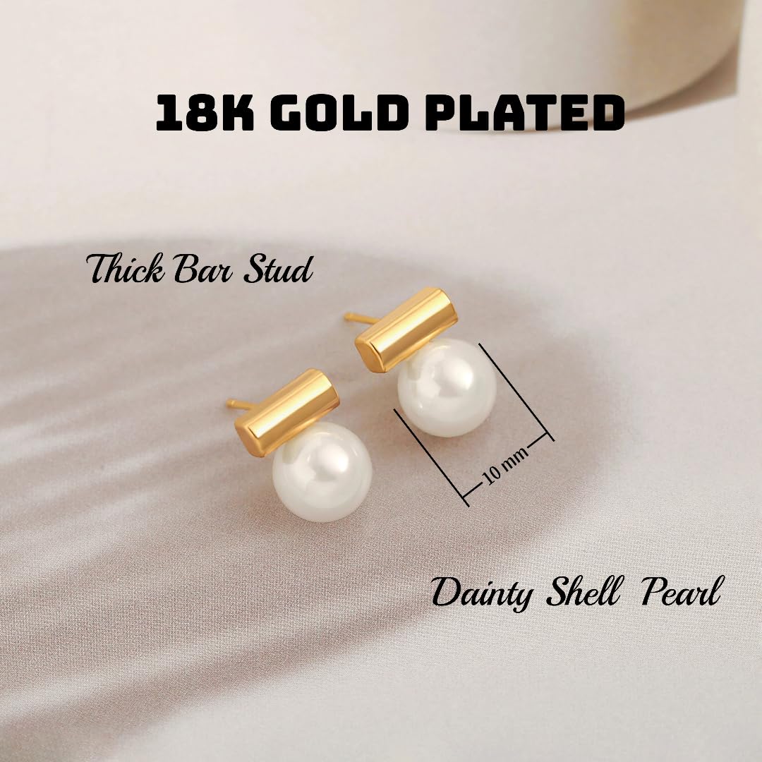 10mm Shell Pearl Drop Earrings, 18k Gold Plated Bar Stud Earrings, Dainty Wedding Jewelry