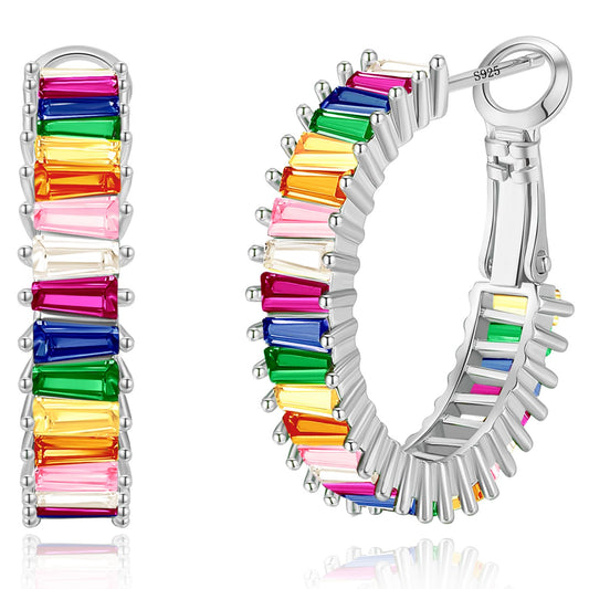 GLOQUAT Colorful Crystal Hoop Earrings Silver Plated Rainbow Hoops for Women 925 Sterling Silver Post Vintage Colorful Cubic Zirconia Fashion Round Circle Hoops Trendy Pride Earrings Jewelry 25mm