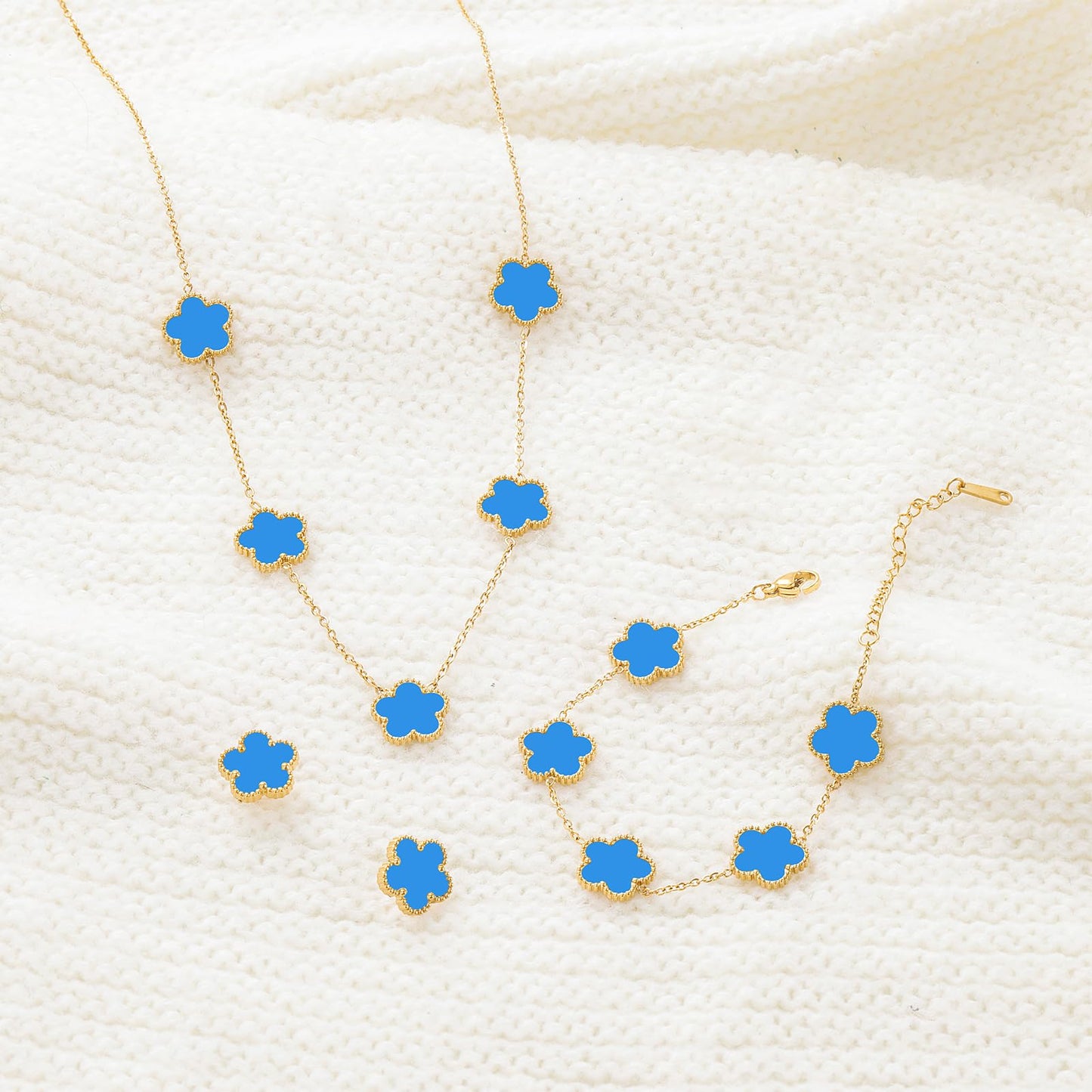 Qinpan Five Leaf Clover Necklace Bracelet and Stud Earrings Set for Women Lucky Flower Jewelry (Blue-14K Gold Plated)