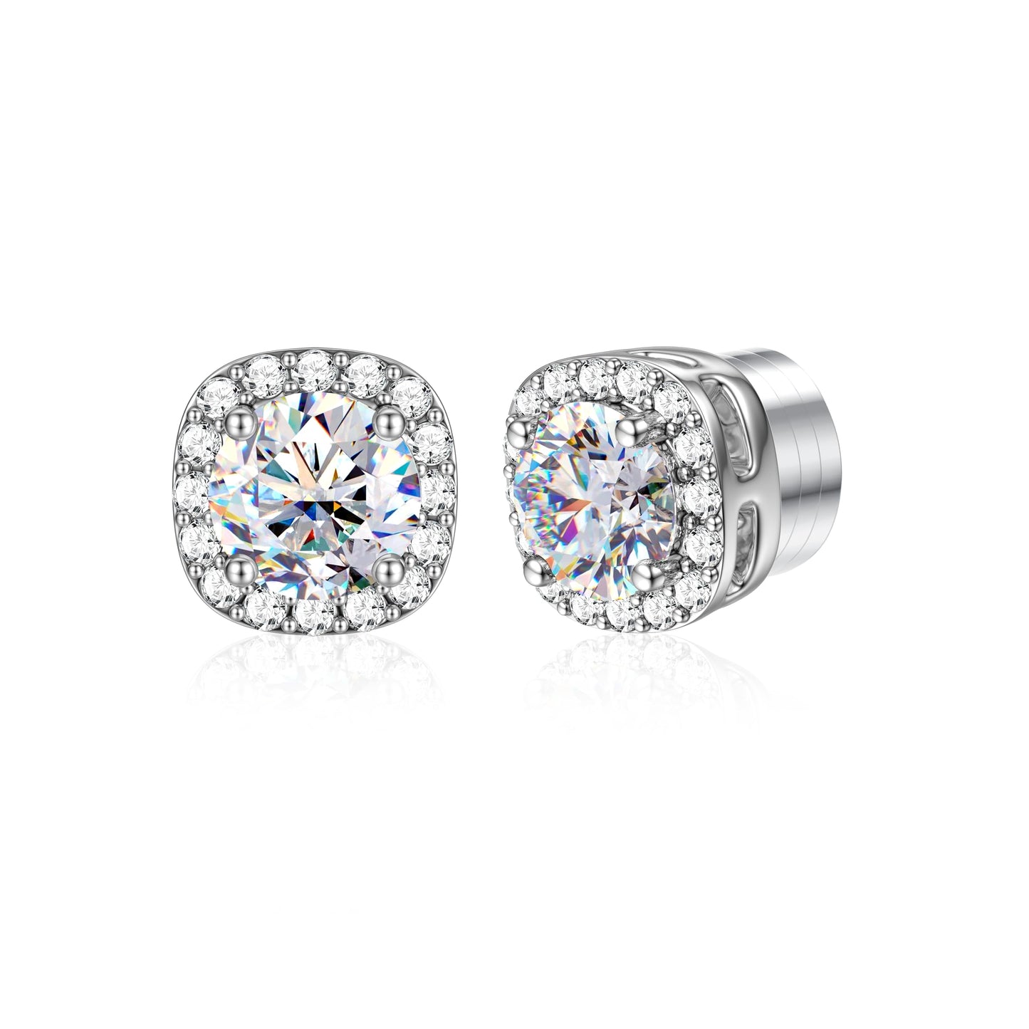GEMQUEEN Moissanite Magnetic Earrings for Men : 18K White Gold Plated Hypoallergenic Stainless Steel Non Piercing Clip on Fake Earrings Studs Halo Square Diamonique Earring Women D Color VVS1 5MM