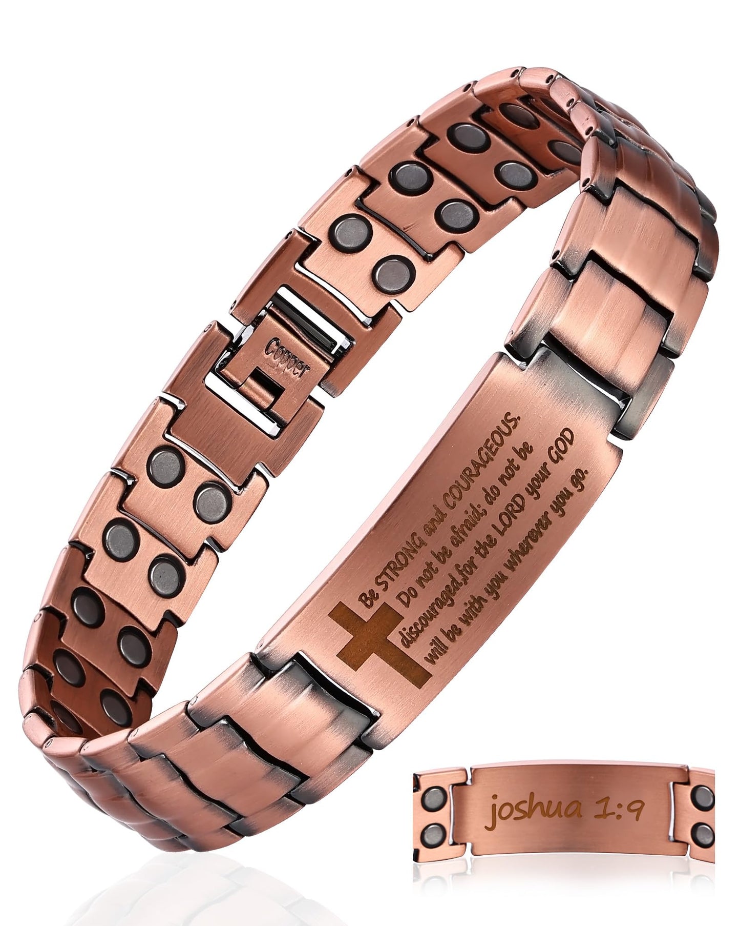 Fashtour Copper Cross Bracelet for Men - Ultra Strength Magnetic Mens Cross Jewelry Set - Adjustable Magnetic Bracelet with Sizing Tool Jewelry Box (Copper&Joshua 1:9)