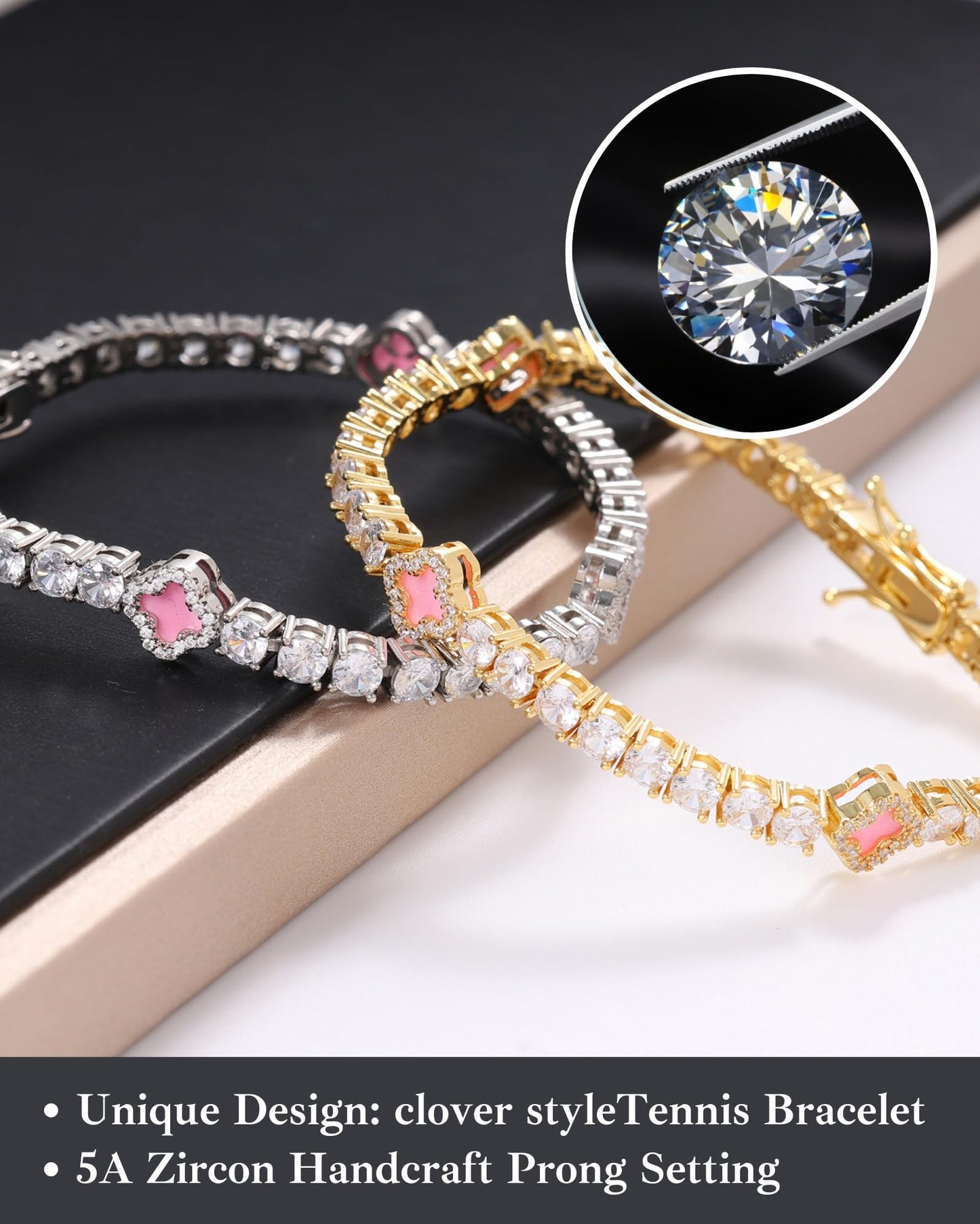 LuxeFlex 4mm Iced Out Clover Tennis Bracelet, White Gold Plated with 5A Zircon Stones, Handmade exquisite Hip Hop Jewelry, Perfect Unisex Gift (Gold-Pink,7)
