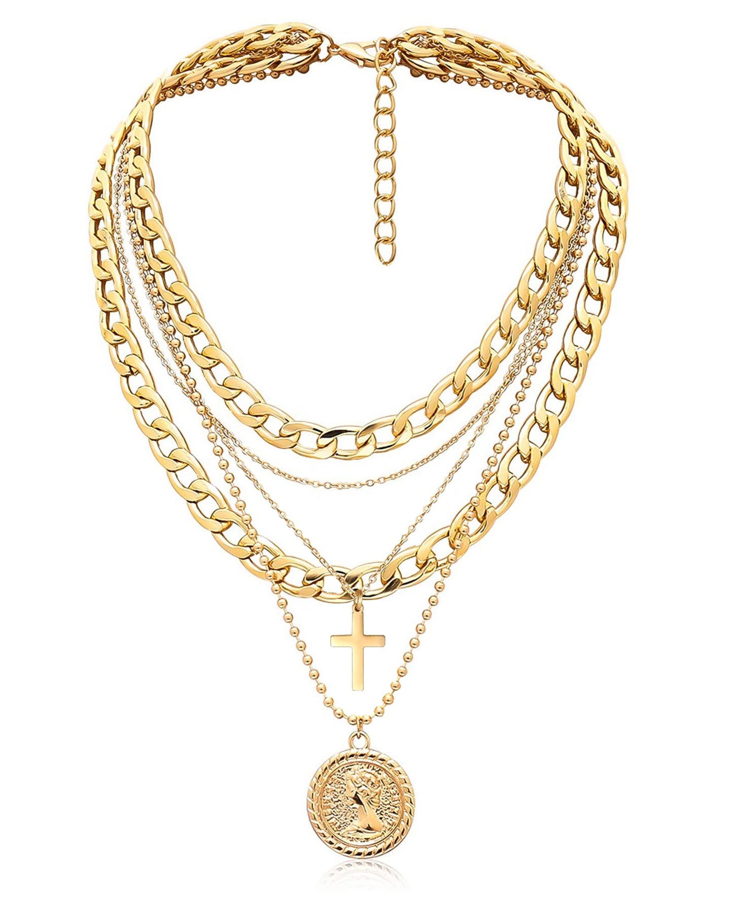 MJartoria Gold Layered Necklaces for Women Trendy Retro Coin Pendant Necklace Dainty Chunky Chain Choker Necklaces for Jewelry Birthday Gifts (Gold, A-Y-Retro Coin-Cross-5 in 1 Layered)