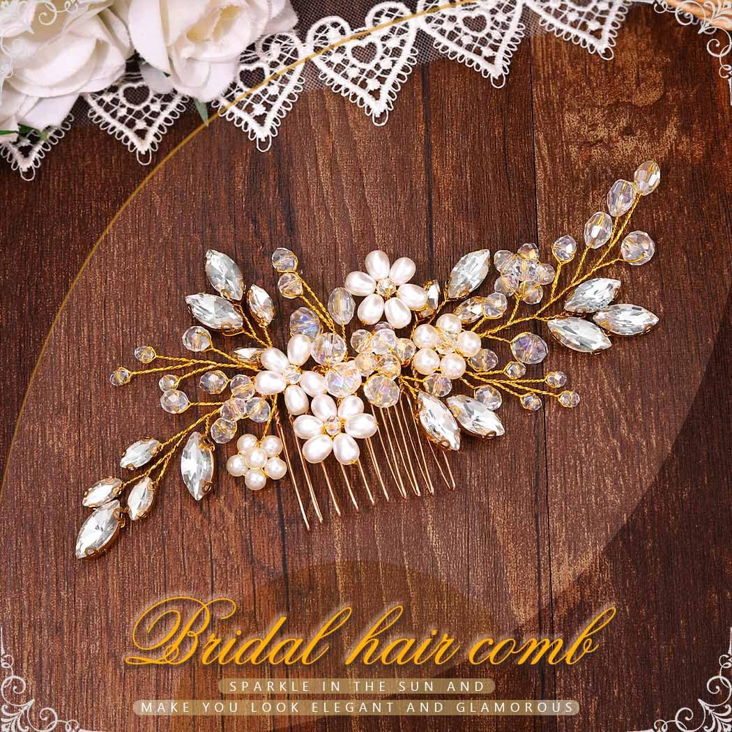 JAKAWIN Bridal Hair Accessories Wedding Hair Comb Silver Pearl Hair Piece for Women HC034 (2-Gold)