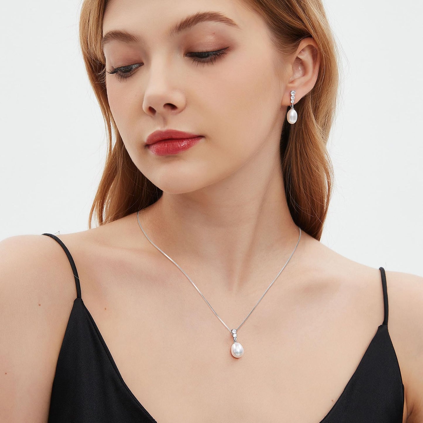 BAMIKI Pearl Necklace and Earrings Set, Freshwater Cultured Pearl Jewelry Set in 925 Sterling Silver with CZ - Elegance for Wife, Mom, Girlfriend on Anniversary, Mother's Day, or Birthday