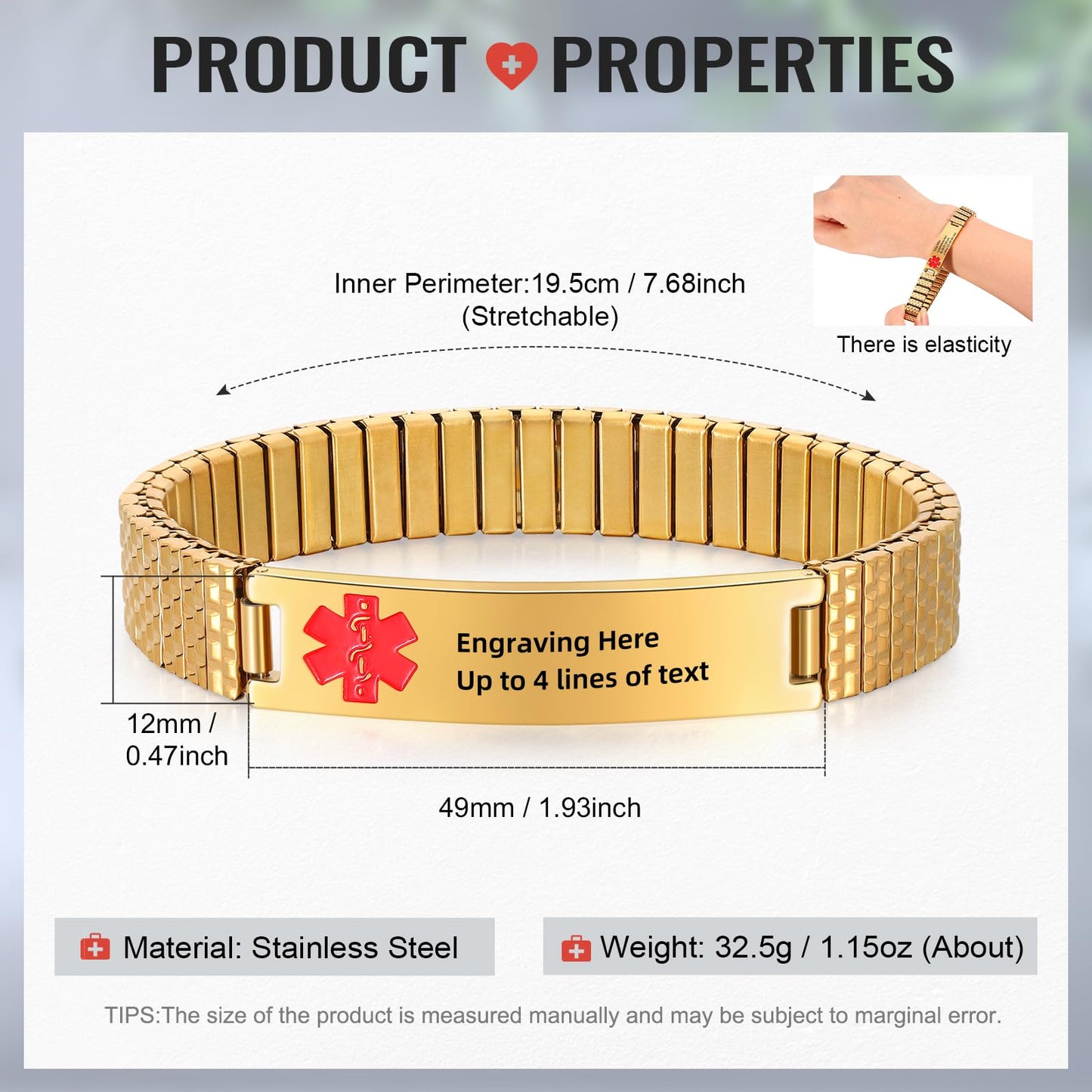 Personalized Medical ID Bracelets for Men - Custom Emergency Alert Bracelet for Women Engraved Medic Info Elastic Stainless Steel Bracelets for Family Autism Allergy Diabetic Epilepsy (Gold, 19.5cm)