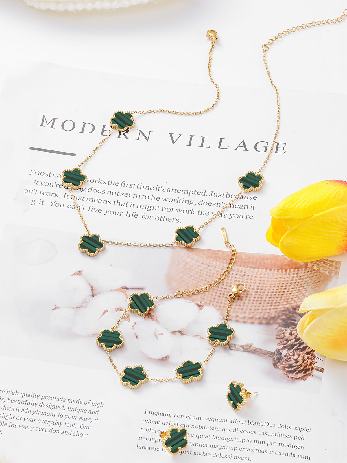 Qinpan Five Leaf Clover Necklace Bracelet and Stud Earrings Set for Women Lucky Flower Jewelry (Green Stripe-14K Gold Plated)