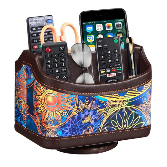 PUSU 360°Rotatable Remote Control Holder, PU Leather TV Remote Holder Caddy for Table, Bright and Colorful Art Supply Organizer Pen Holder, Multi-Functional Desk Organizer Living Room Office Decor