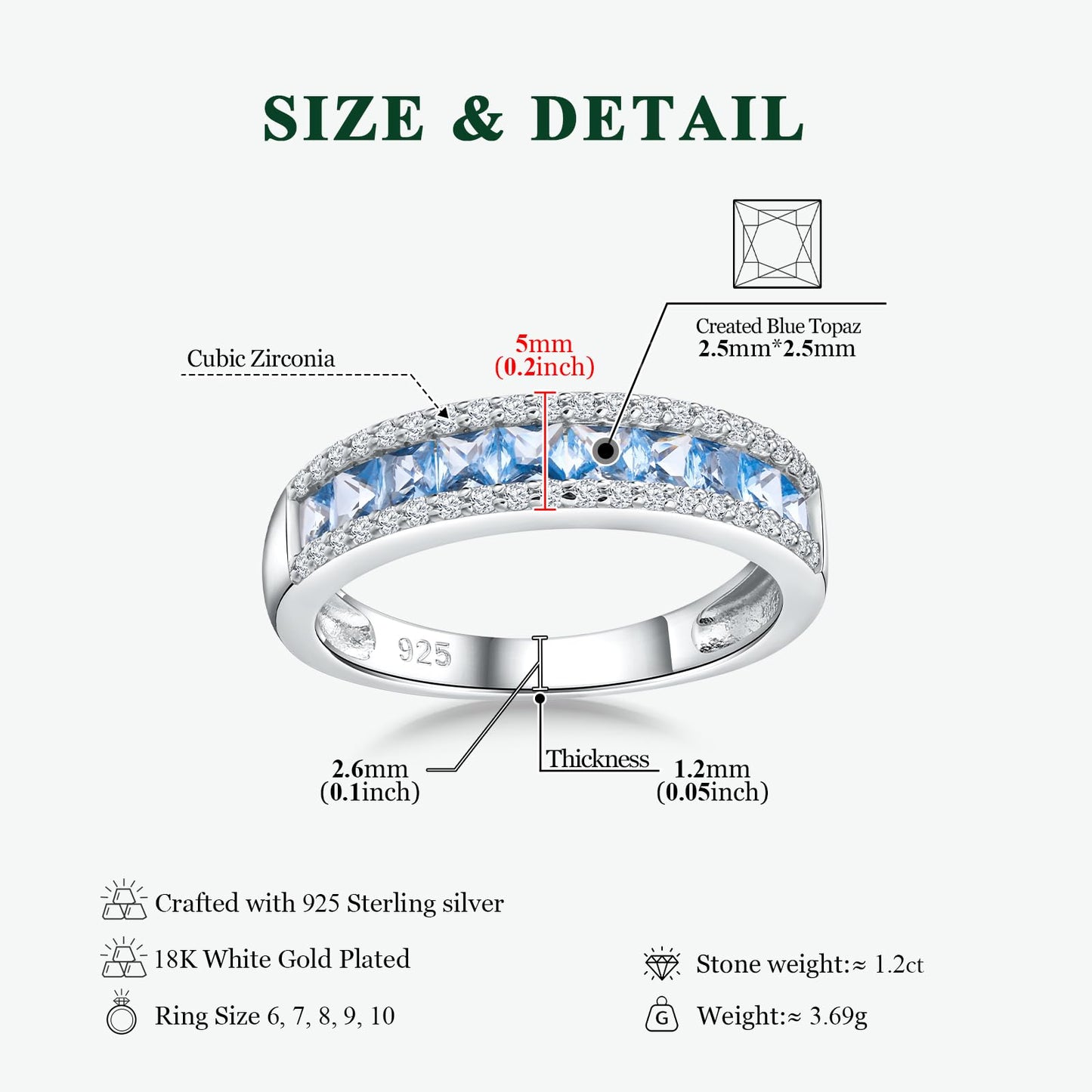 RANDES Blue Topaz Band Rings for Women 925 Sterling Silver Channel Set Princess Cut Eternity Band December Birthstone Ring Size 8