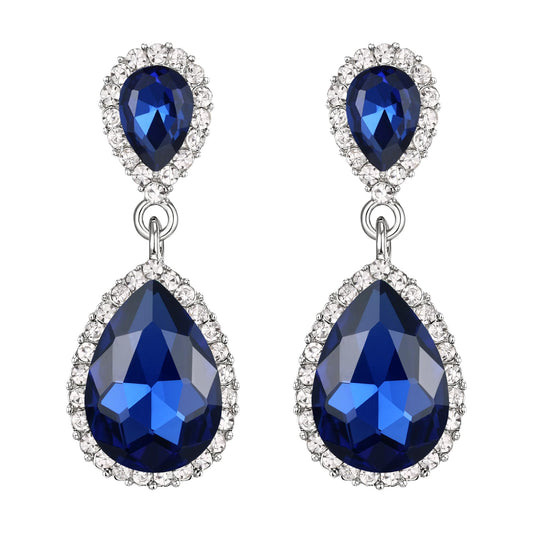 EVER FAITH Women's Austrian Crystal Wedding Tear Drop Dangle Earrings Navy Blue