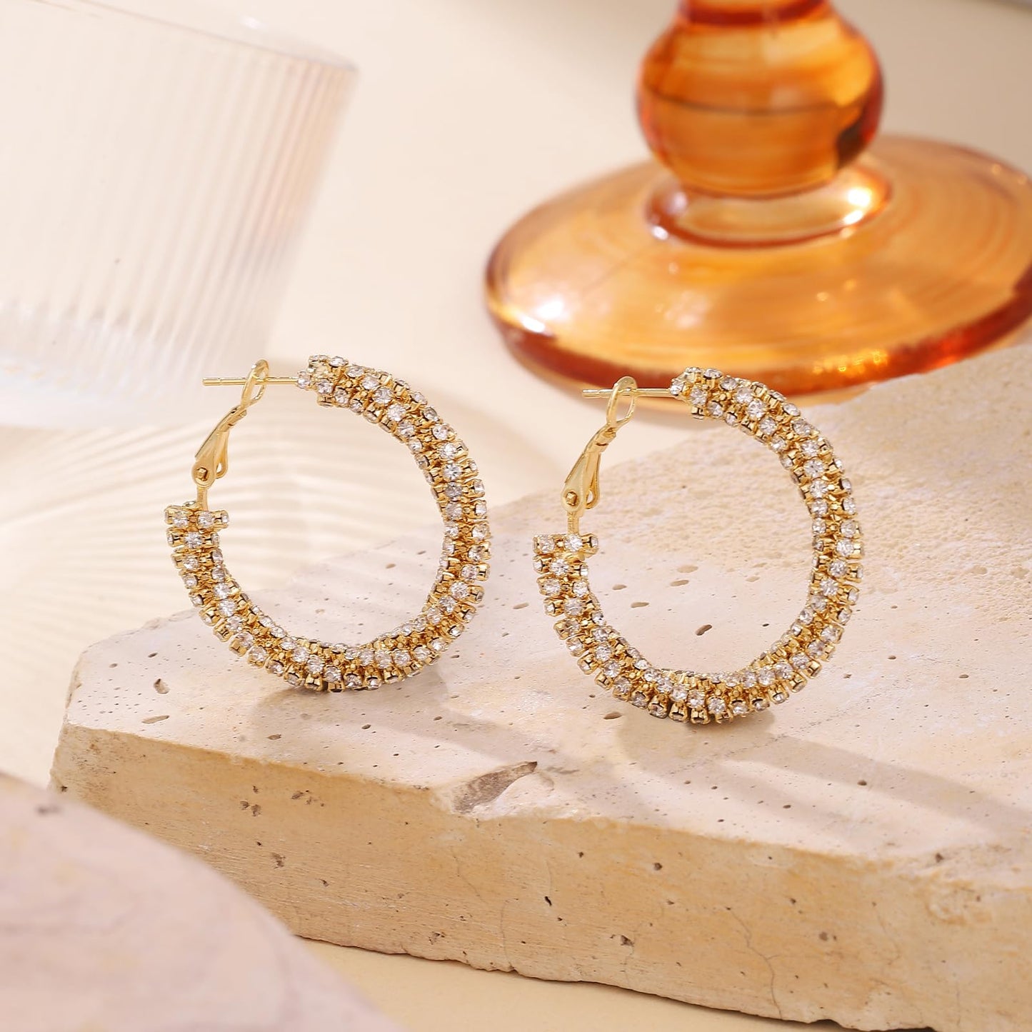 SayovatBek 14K Gold Plated 25–35mm Lightweight Hoop Earrings for Women, Cubic Zirconia, 925 Sterling Silver Post, Hypoallergenic Jewelry