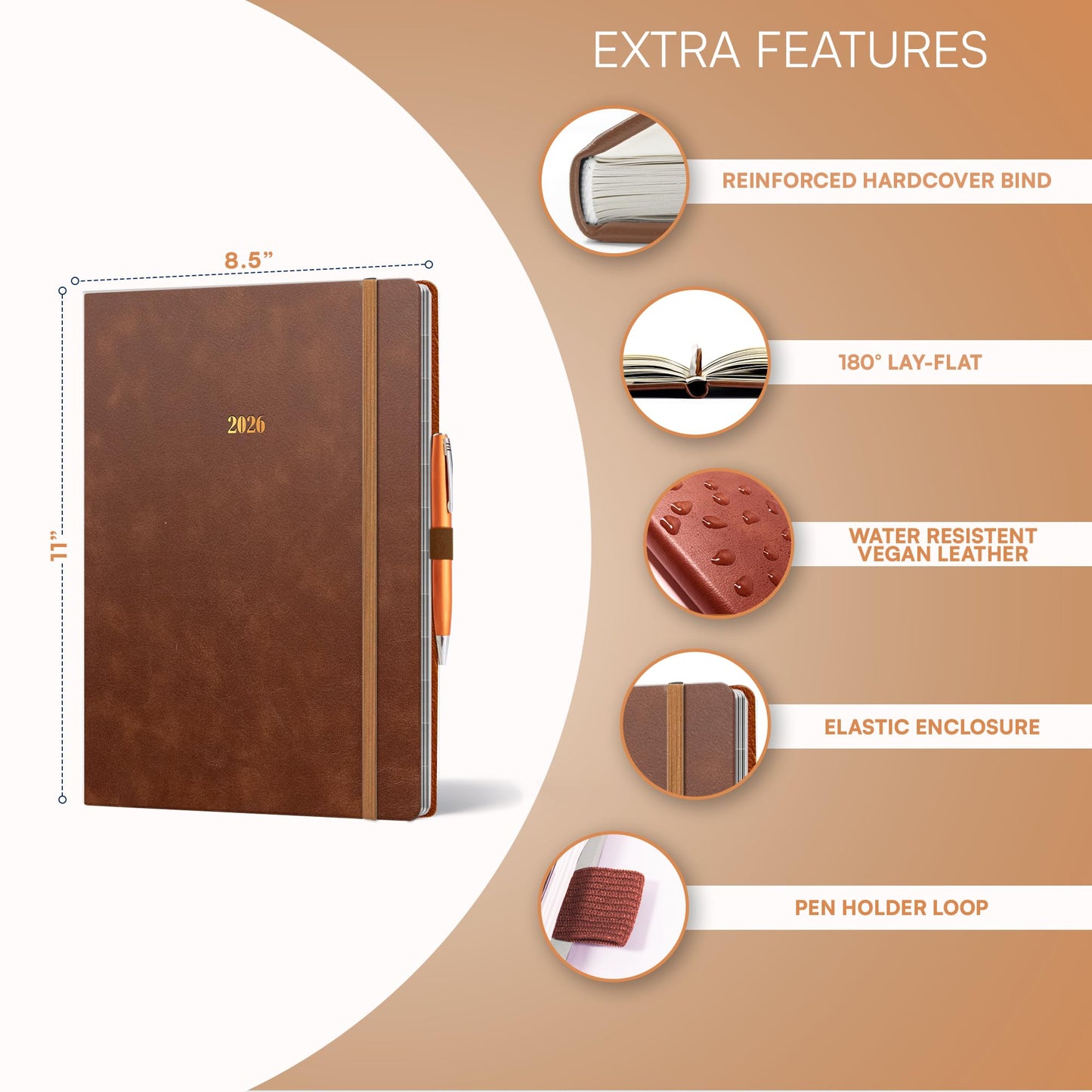 Ensight 2026 Hardcover Appointment Book & Planner 8.5" x 11" inches Large Tabbed Daily Hourly Weekly Planner Schedule Book 15 Minute time Slots Business & Personal Planner Jan 2026 Dec 2026 Brown