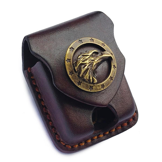Gucaibu Leather Lighter Case, Dark Brown Western Style with Bronze Eagle Medallion, Handcrafted Holder
