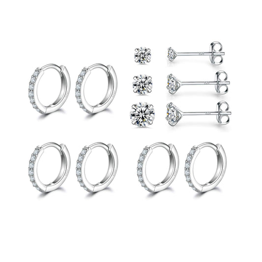 Sterling Silver Small Hoop Earrings Sterling Silver Stud Earrings for Women 6 Pairs Hypoallergenic Cartilage Hoops Tiny Cubic Zirconia Stud Set