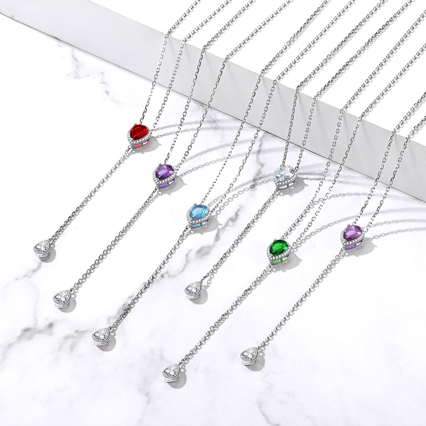 FOCALOOK May Birthstone Necklace for Women Mom 925 Sterling Silver Simulated Emerald Pear Lariat Pendant with Chain Birthday Jewelry