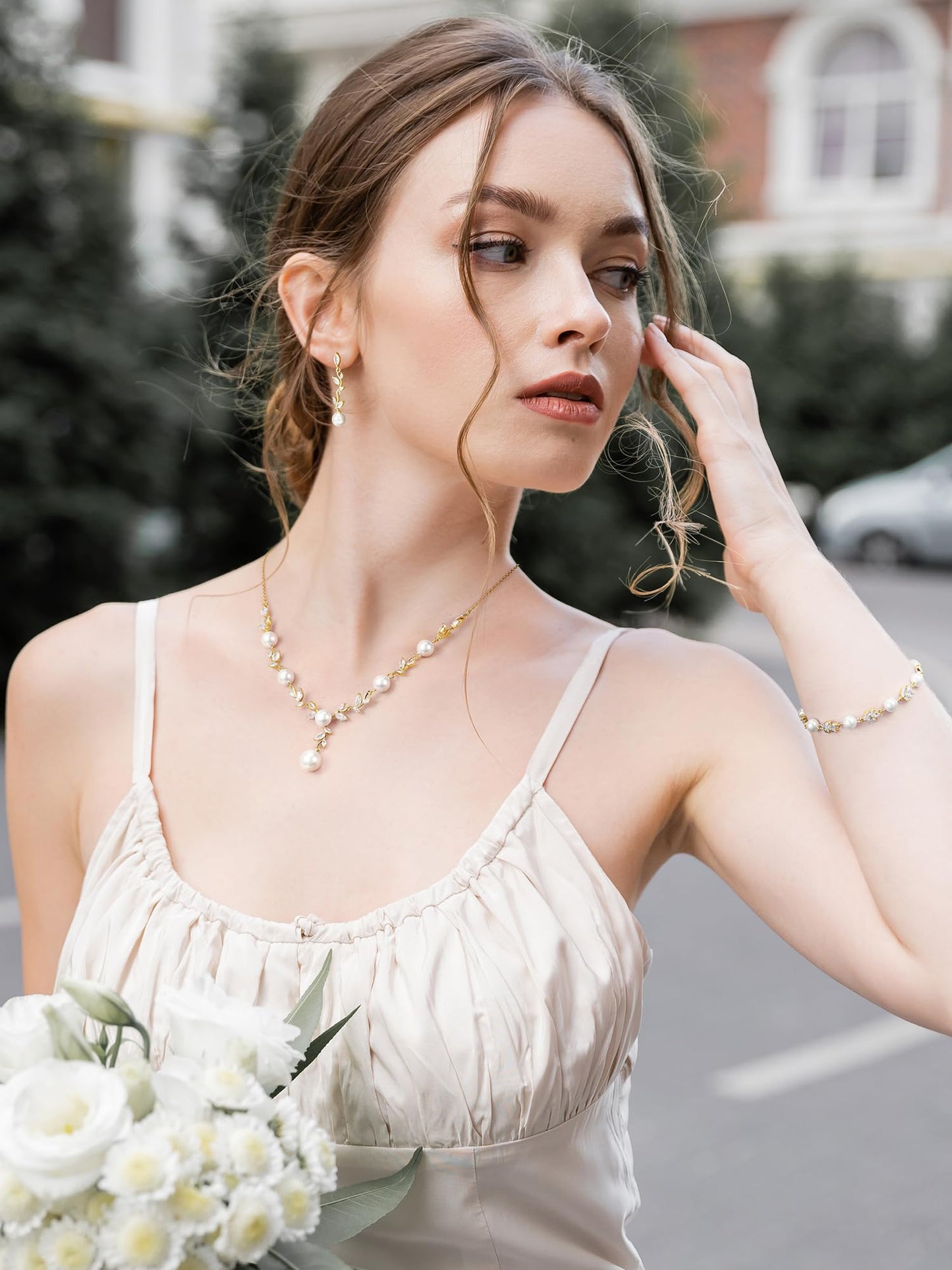 SWEETV Gold Wedding Jewelry Set for Bride Women, Cubic Zirconia Pearl Bridal Earrings Necklace Bracelet Set, Bridal Jewelry Set for Wedding Prom