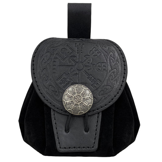 HiiFeuer Medieval Embossed Faux Leather Belt Pouch, Retro Renaissance Portable Belt Bag Coin Purse Dice Bag for LARP Ren Faire (Black A)