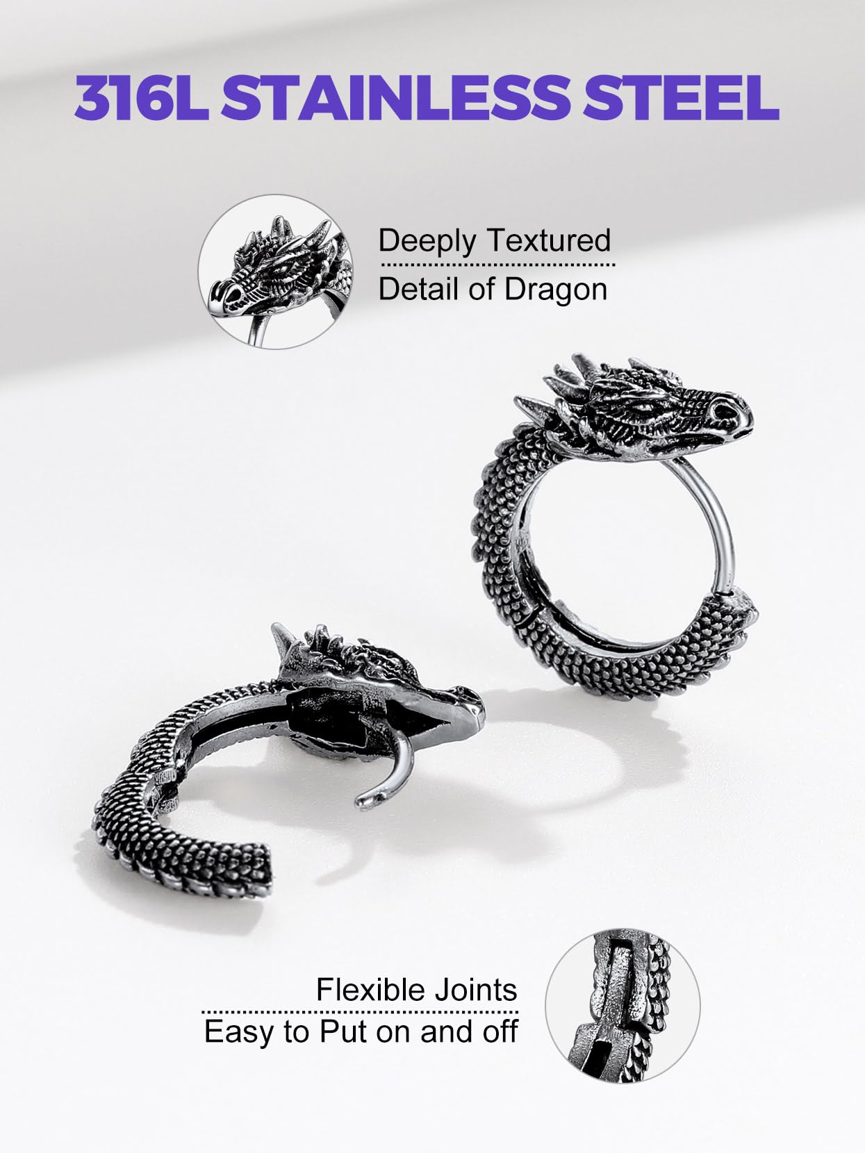 Richsteel Dragon Head Hoop Earrings - Stainless Steel Gothic Jewelry for Men & Women, Punk Rock Statement Earrings
