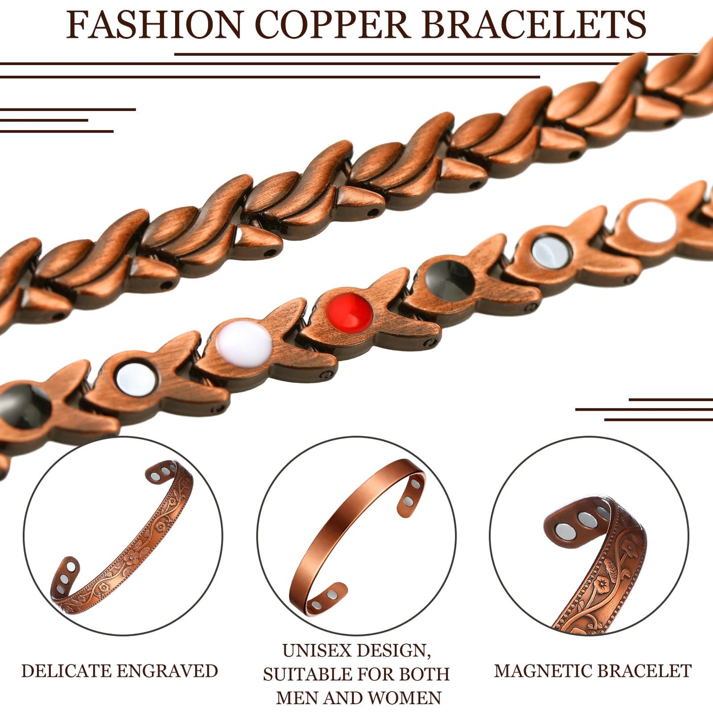 Misdary 3 Pcs Copper Magnetic Bracelets for Women Ultra Strength Magnetic Bracelet with Magnets Natural Turquoise Stones Adjustable Jewelry Gift (Pure Copper)