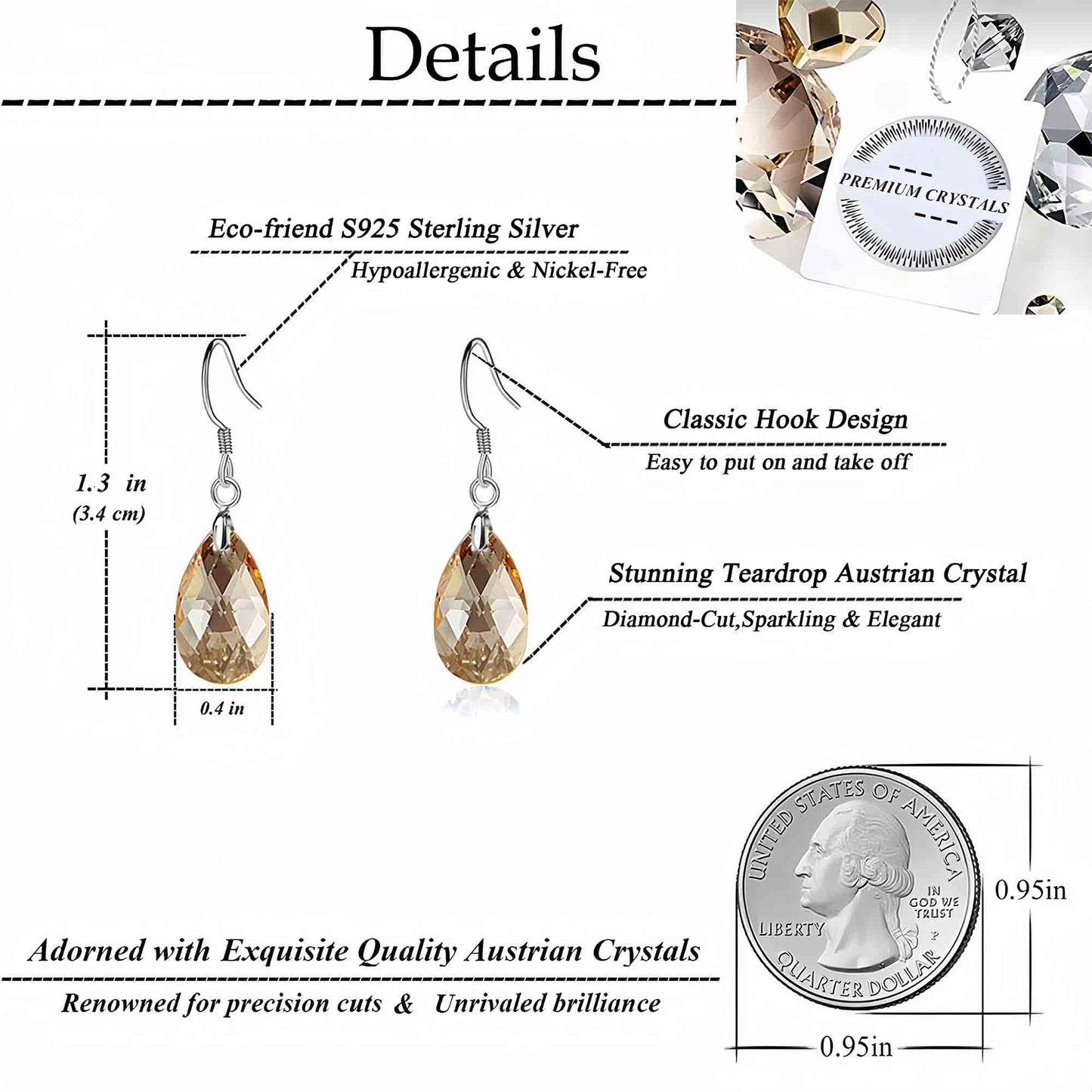 Teardrop Austrian Crystal Drop Dangle Earrings for Women 925 Sterling Silver Hook Hypoallergenic Earring (Topaz)