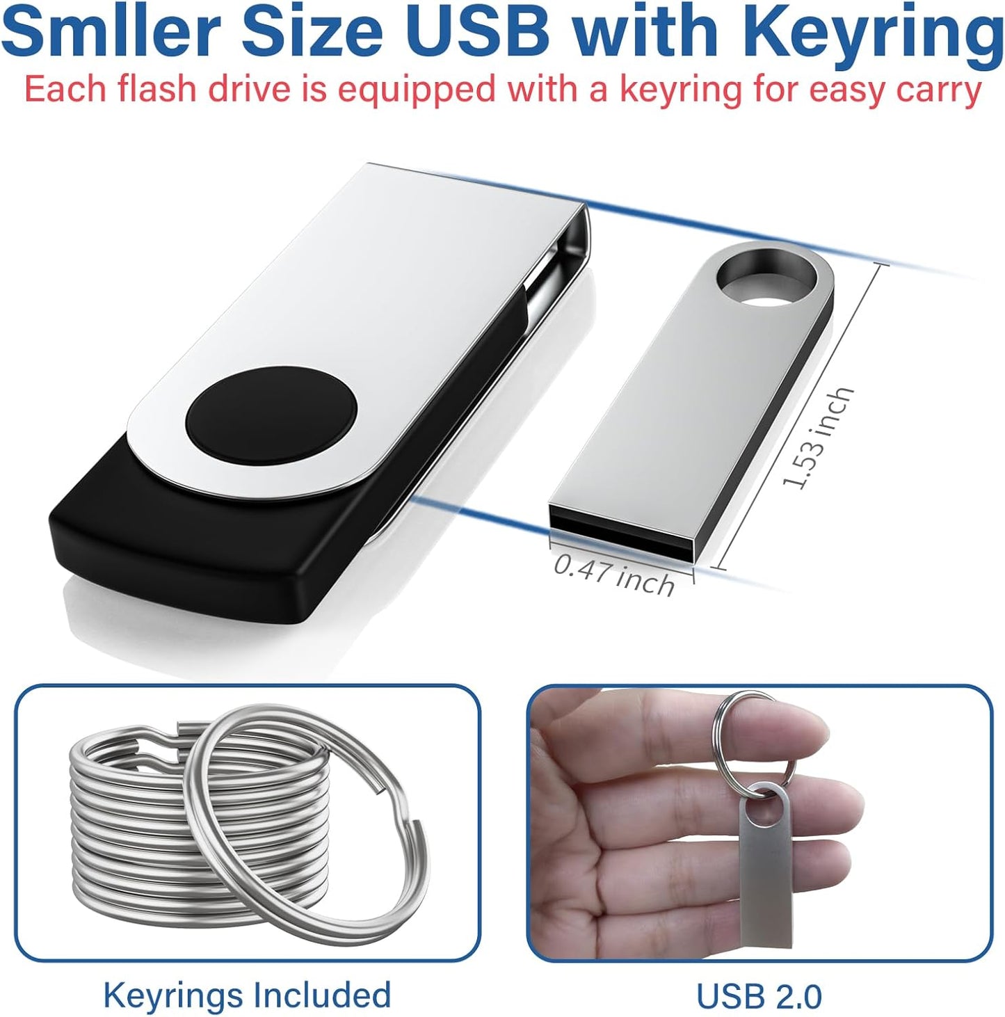 Wooolken 5 Pack 16GB 2.0 USB Flash Drive with Keychains, Sleek Metal USB Thumb Drives Memory Stick for PC Laptop