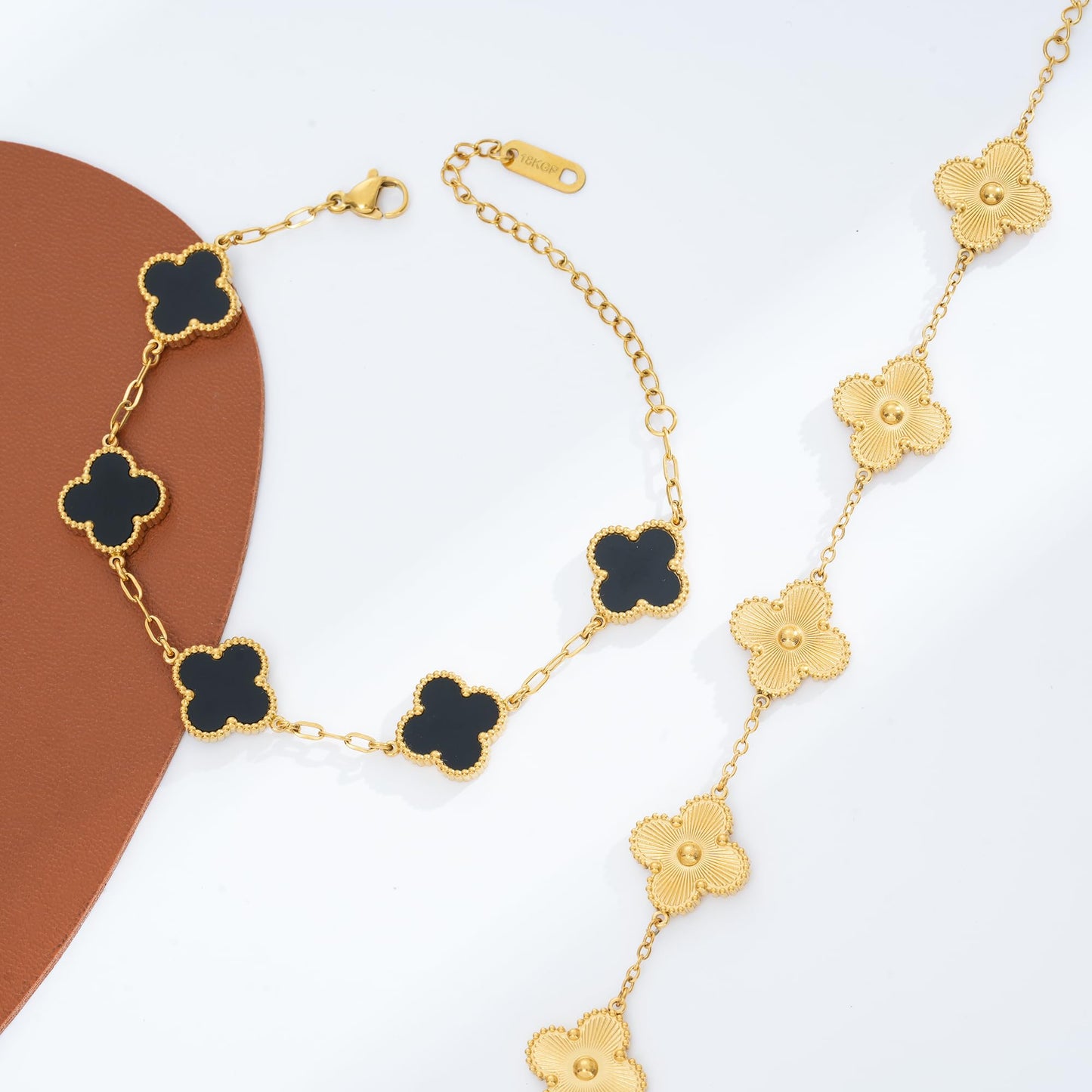 Acicihenn Waterproof Four-Leaf Clover Bracelet,Adjustable Link Double Sided Jewelry, Lovely Fashion Jewelry Gift for Women Gold Bracelet +Black Bracelet