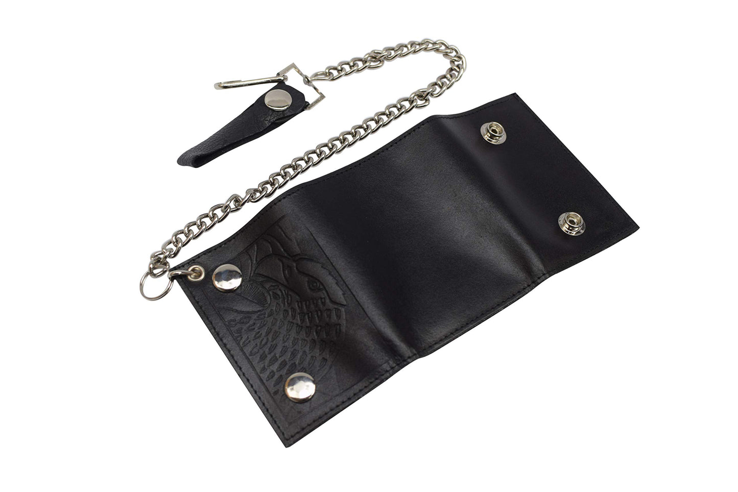 MARSHAL Men's Genuine Leather Black Trifold Wallet with Chain Biker Trucker Motorcycle (Eagle Black)