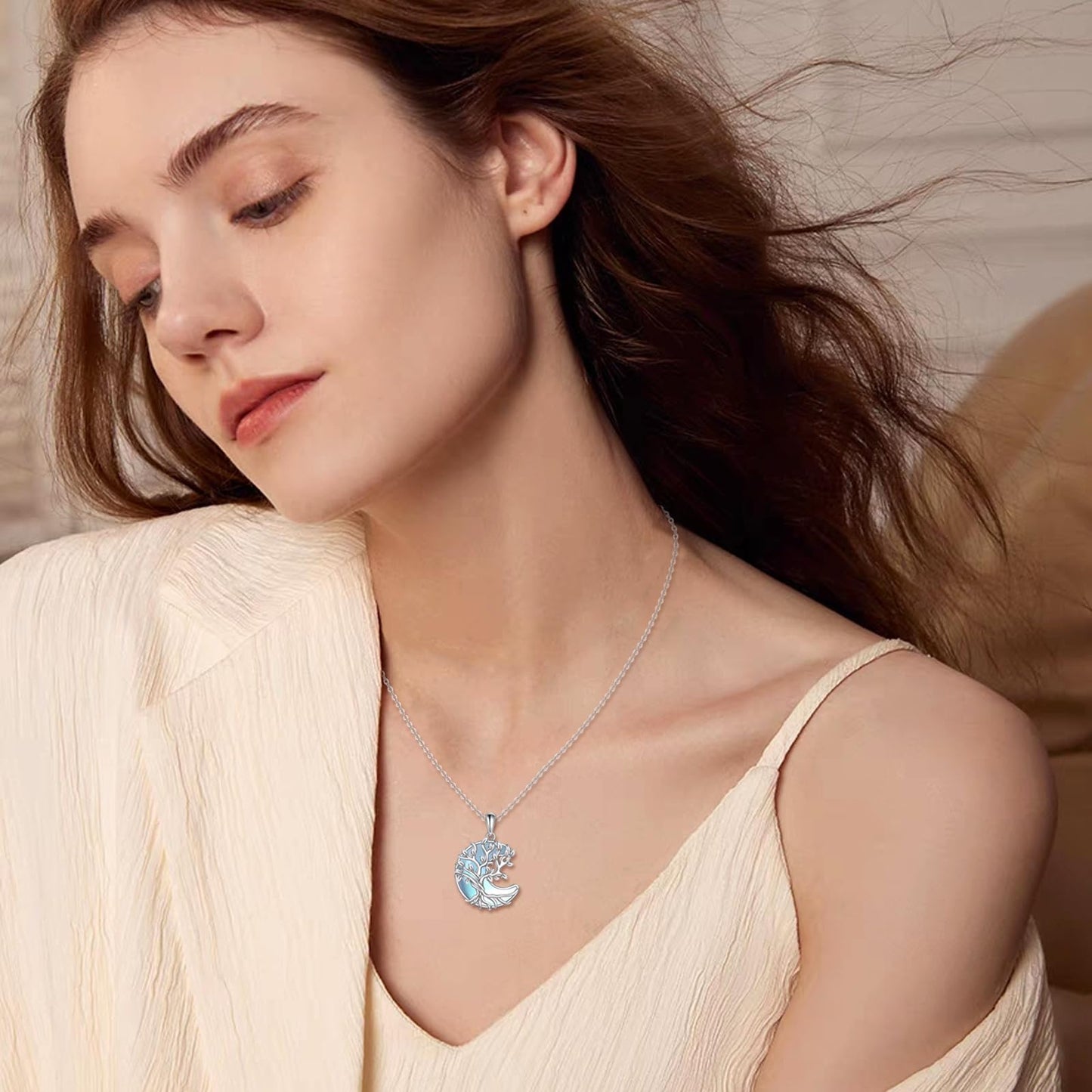 YAFEINI 925 Sterling Silver Moon Moonstone Necklace Tree of Life Pendant Necklace Jewelry for Women (VV-Tree of Life Moon Moonstone)
