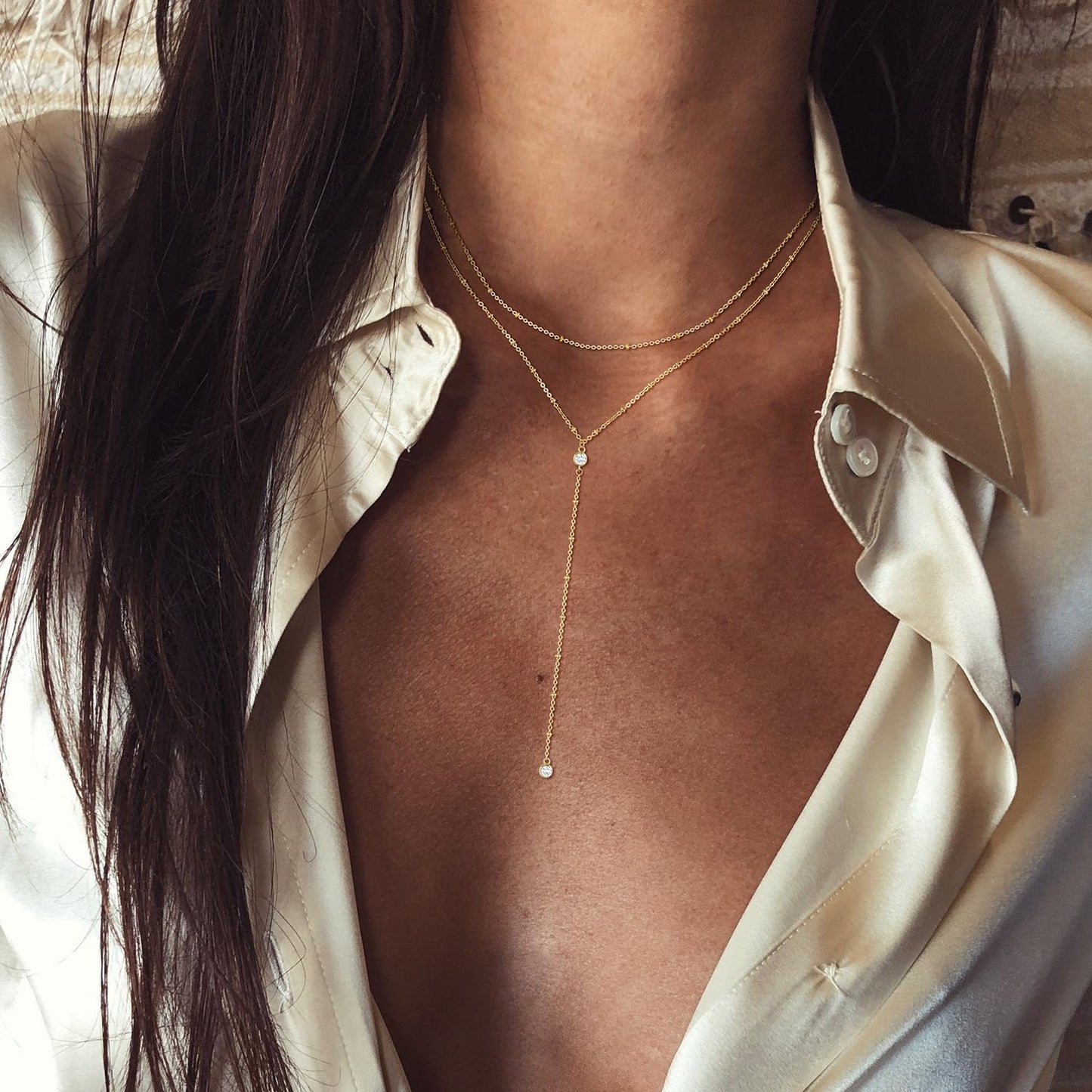 Poaiiu Lariat 14k Gold Plated Necklace for Women, Dainty Long Layered Y Necklaces CZ Pendant Beaded Choker Necklace Simple Trendy Gold Jewelry Gift for Women