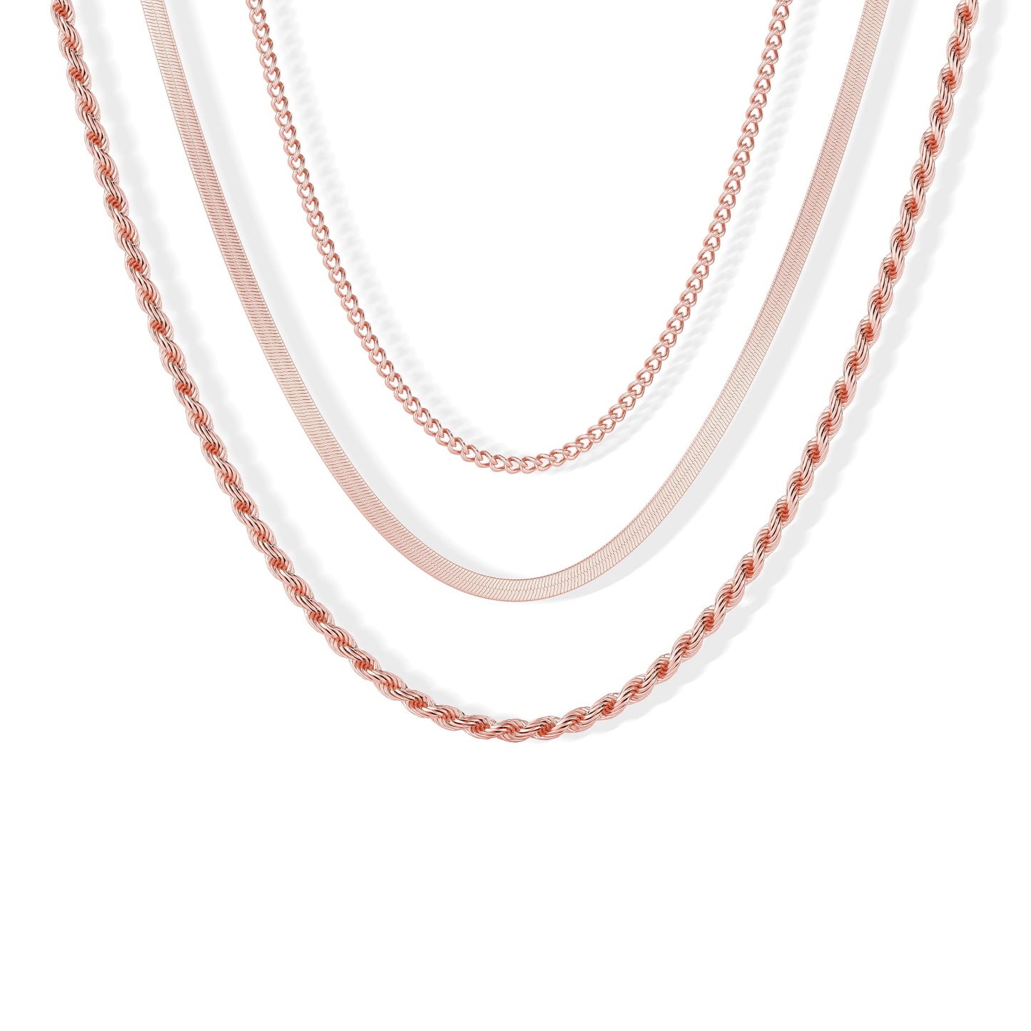 Freekiss Rose Gold Layered Necklaces for Women: Dainty Herringbone Rope Cuban Link Chain Necklace Set, 14K Rose Gold Plated, Non-Tarnish, Simple, Perfect for Layering, Gifts, and Daily Wear