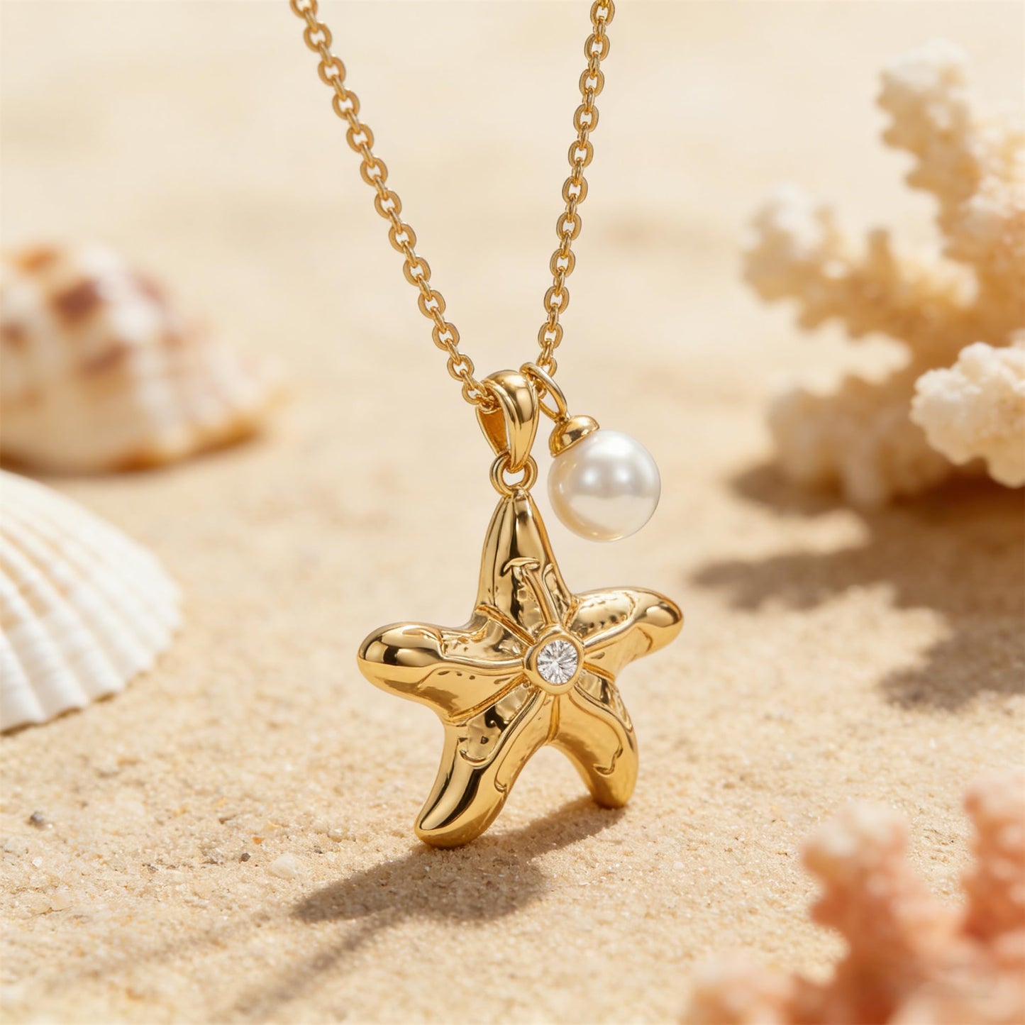MEVECCO Dainty Gold Starfish Pearl Pendent Necklace for Women 18K Gold Plated Beach Cute Starfish Necklace Pearl Boho Handmade Ocean jewelry