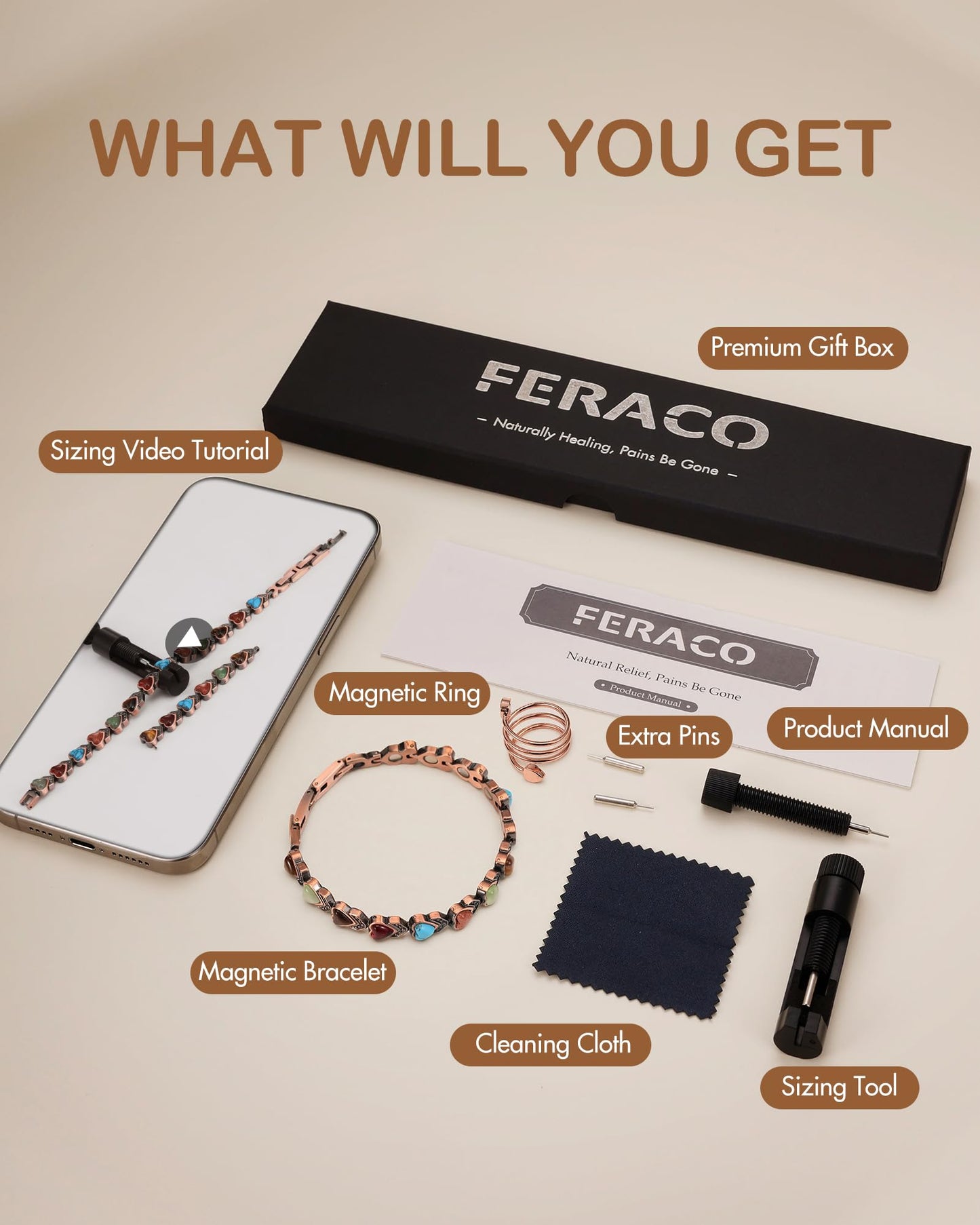 Feraco Pure Copper Bracelets & Rings for Women, Ultra Strength Magnetic Copper Bracelet with 3800 Gauss Magnets, Natural Turquoise & Stones, Adjustable Jewelry Gift (Heart Bloom)