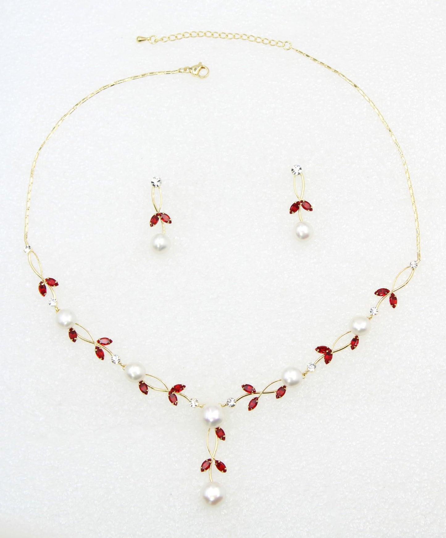 Faship Red CZ Crystal Genuine Freshwater Pearls Floral Necklace Earrings Set - Red/Gold Plated