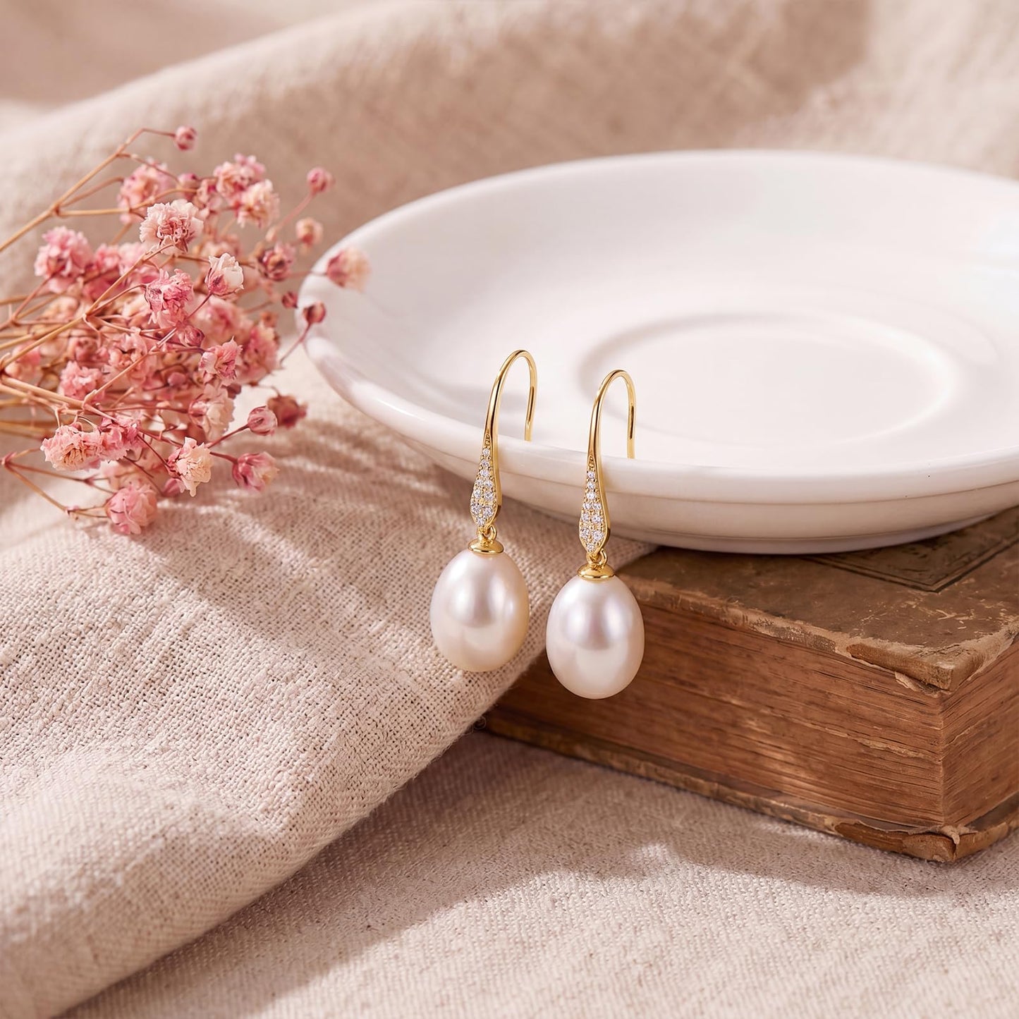 Pearl Drop Earrings for Women, Gold Plated & 925 Sterling Silver, Pink & White Dangle Earrings, Dainty Cute Elegant Bridal Wedding Gift for Her