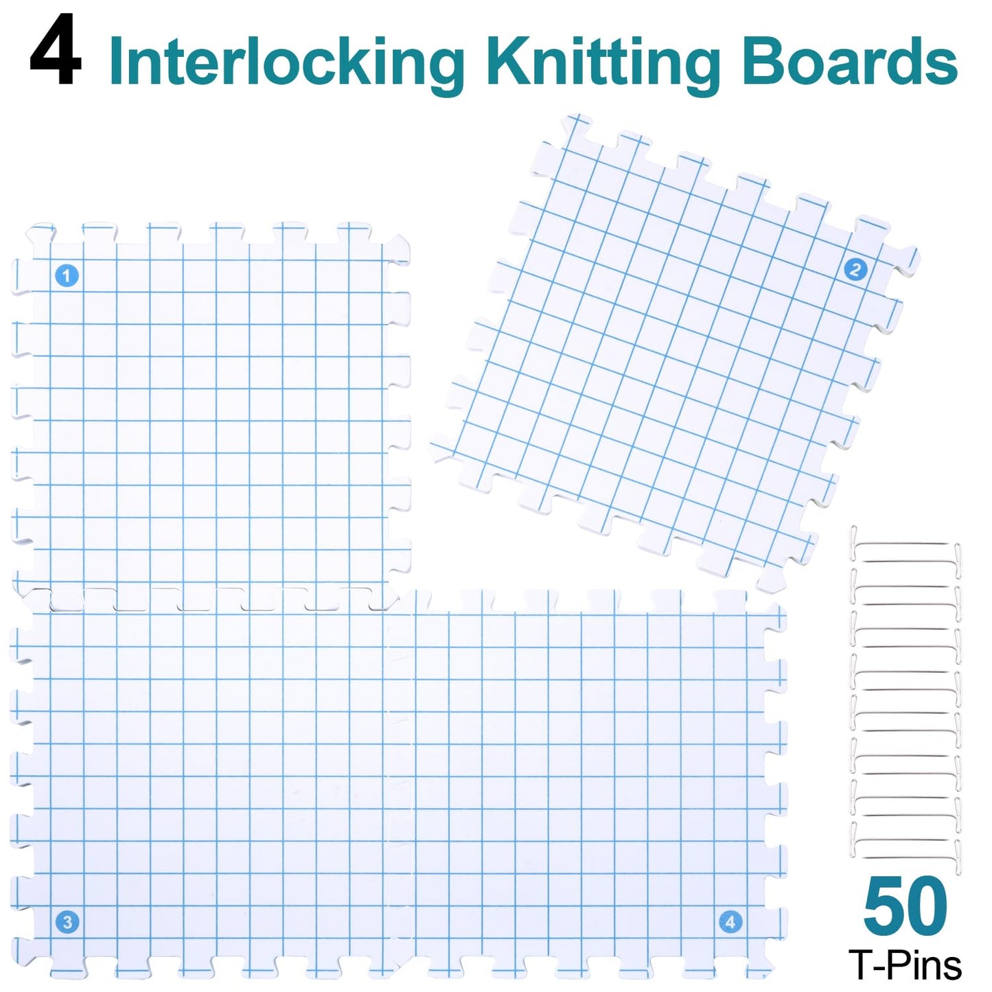 Interlocking Blocking Mats - Blocking Mats for Knitting and Crochet Projects, 4-Pack 12'' W x 12'' L Knitting Blocking Mats with 50 T-Pins, White