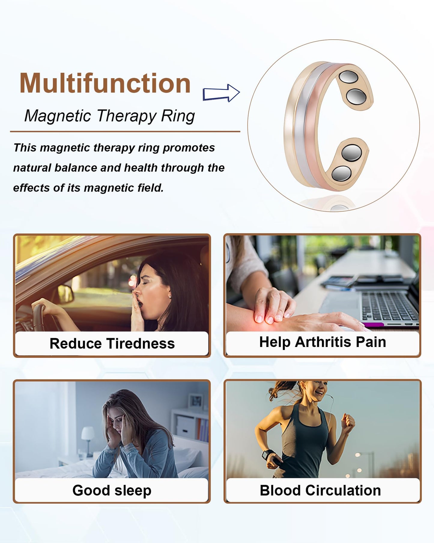 EnerMagiX Copper Rings for Women, 99.9% Pure Copper Magnetic Ring, Women's Jewelry Gifts(Tricolor Gold)