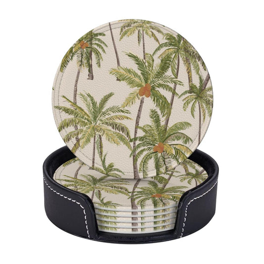 6 Pcs Vintage Tropical Palm Trees Leather Coasters for Drinks with Holder Coaster Sets Drink Table Cup Coasters for Living Room Kitchen Coffee Decor