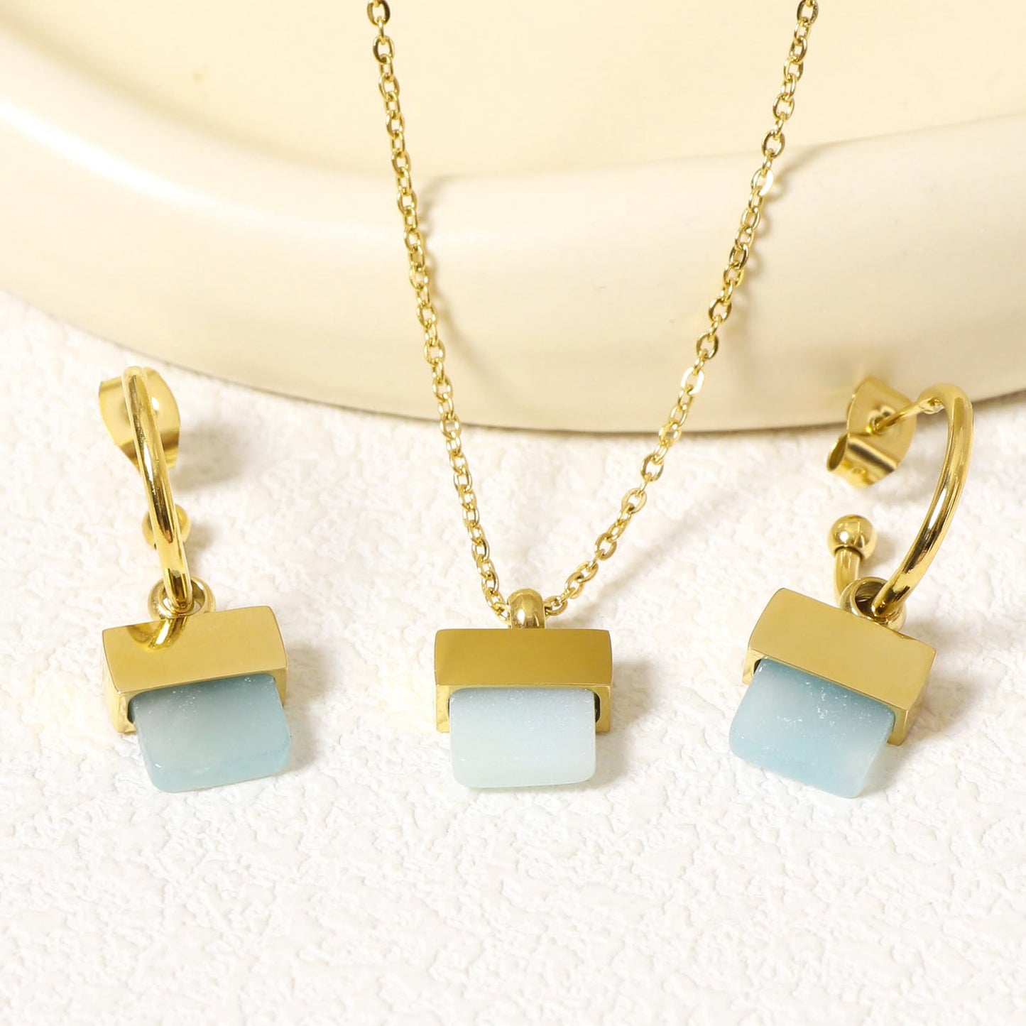 TaYolnFaSo Natural Amazonite Necklace and Earrings Set for Women 18K Gold Plated Amazonite Jewelry Set Square Gemstone Jewelry Gift