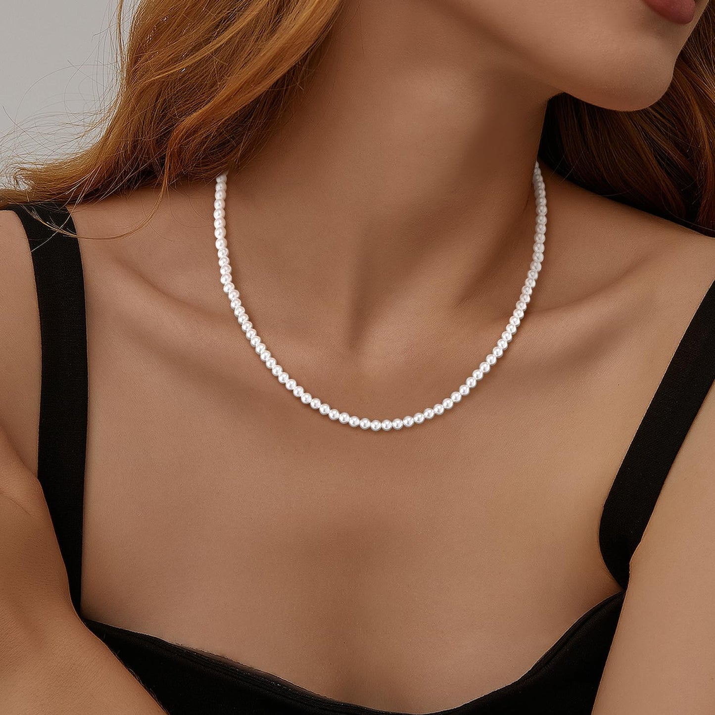 MJartoria Pearl Necklace for Men, 16''-24'' Pearl Necklaces for Women, 6/8mm White Pearl Choker Necklace Trendy Jewelry Gifts for Women Men (16 inches, 4mm)