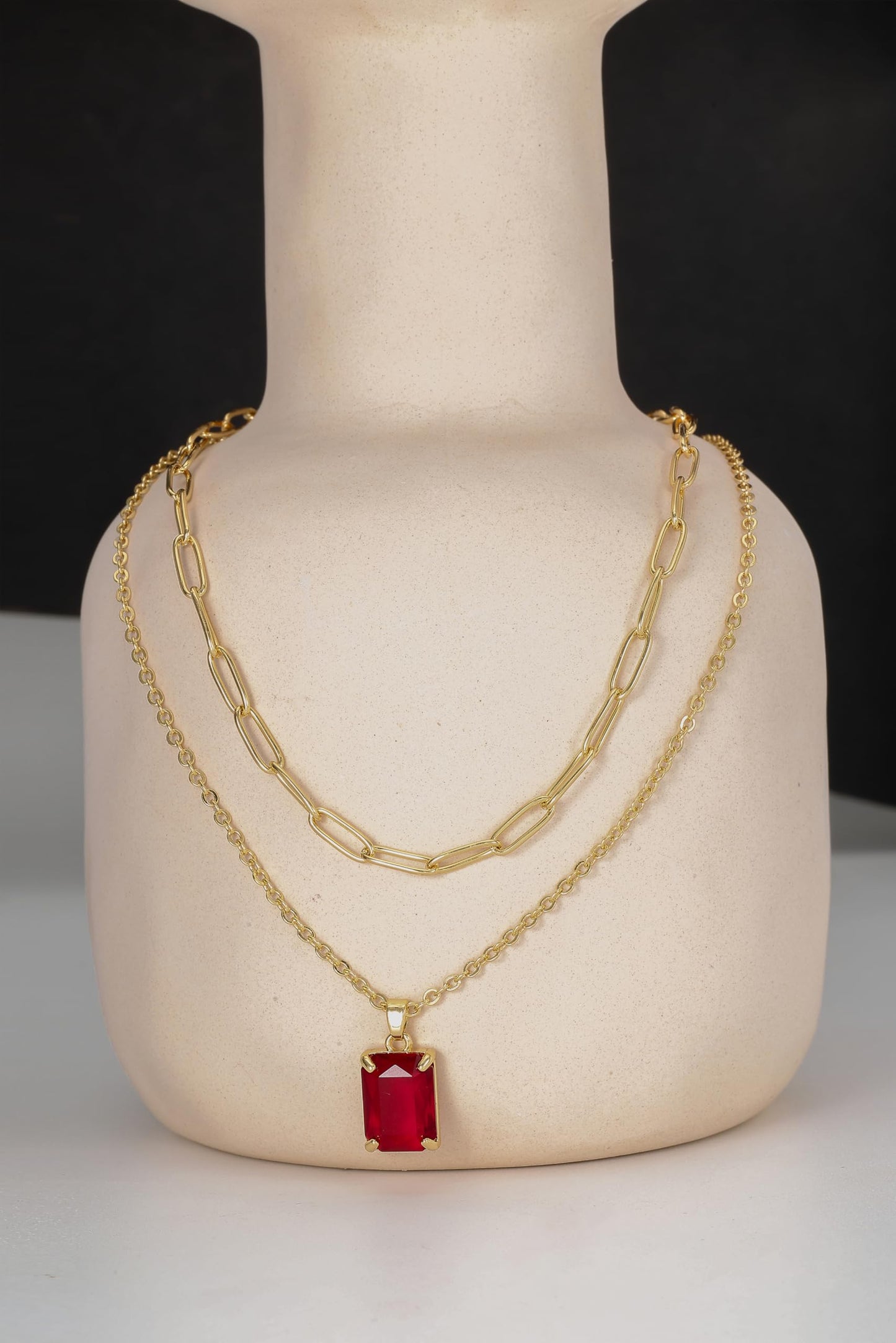 VANGETIMI Red and Gold Layered Pendant Necklaces for Women 14k Gold Plated Crystal Choker Necklace Paperclip Rhinestone Necklace Party Prom Jewelry