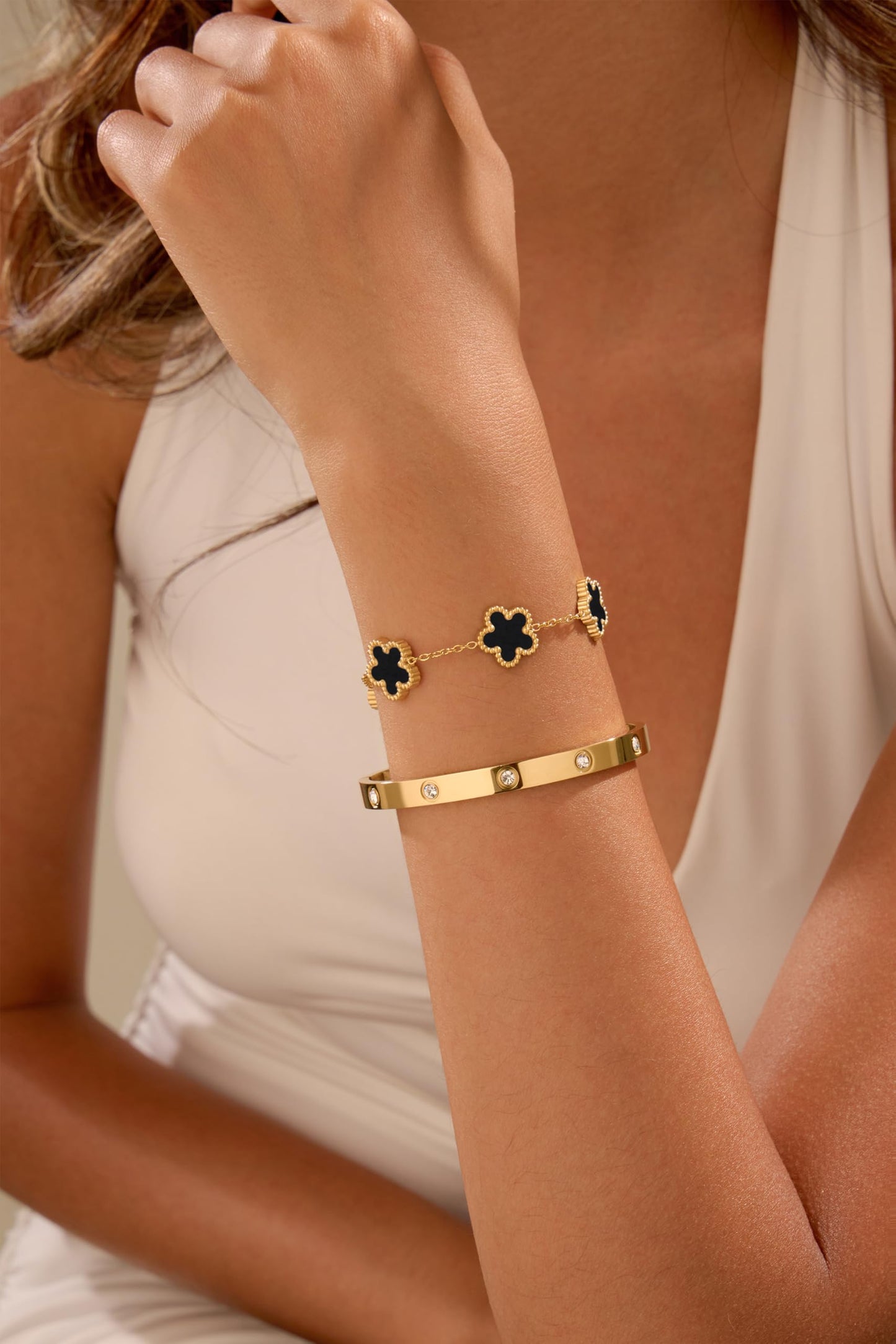 FUNIO 18K Gold Plated Van cleef Clover Bracelet Love bangle Set for Women - Black Stack Friendship Bracelet Lucky Link Bracelets Jewelry Gifts Trendy for Women