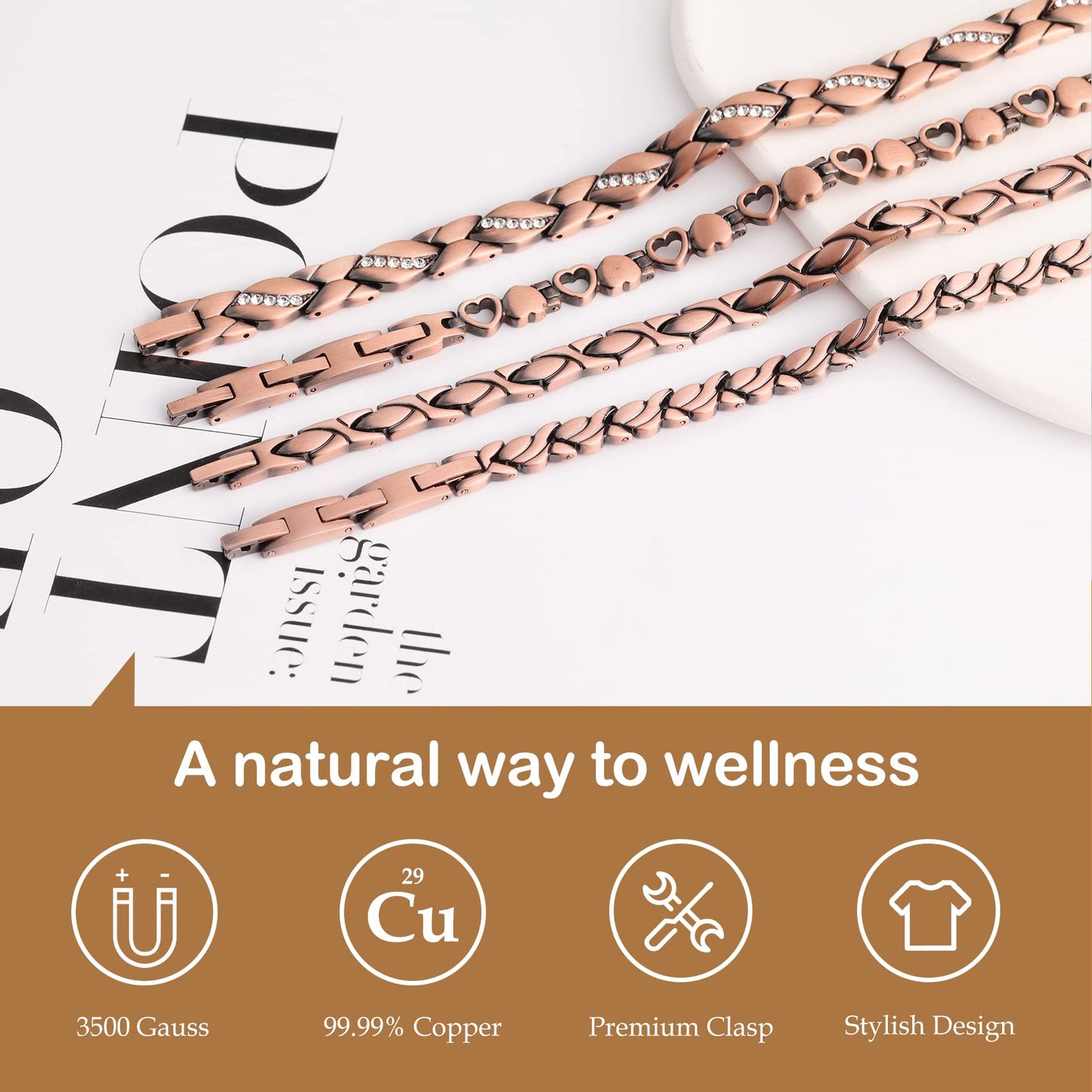 Feraco Copper Bracelet for Women 99.99% Solid Copper Magnetic Bracelets, Unique X Shape Links, Magnetic Field Therapy Jewelry Gifts (Fishtail + Ring)